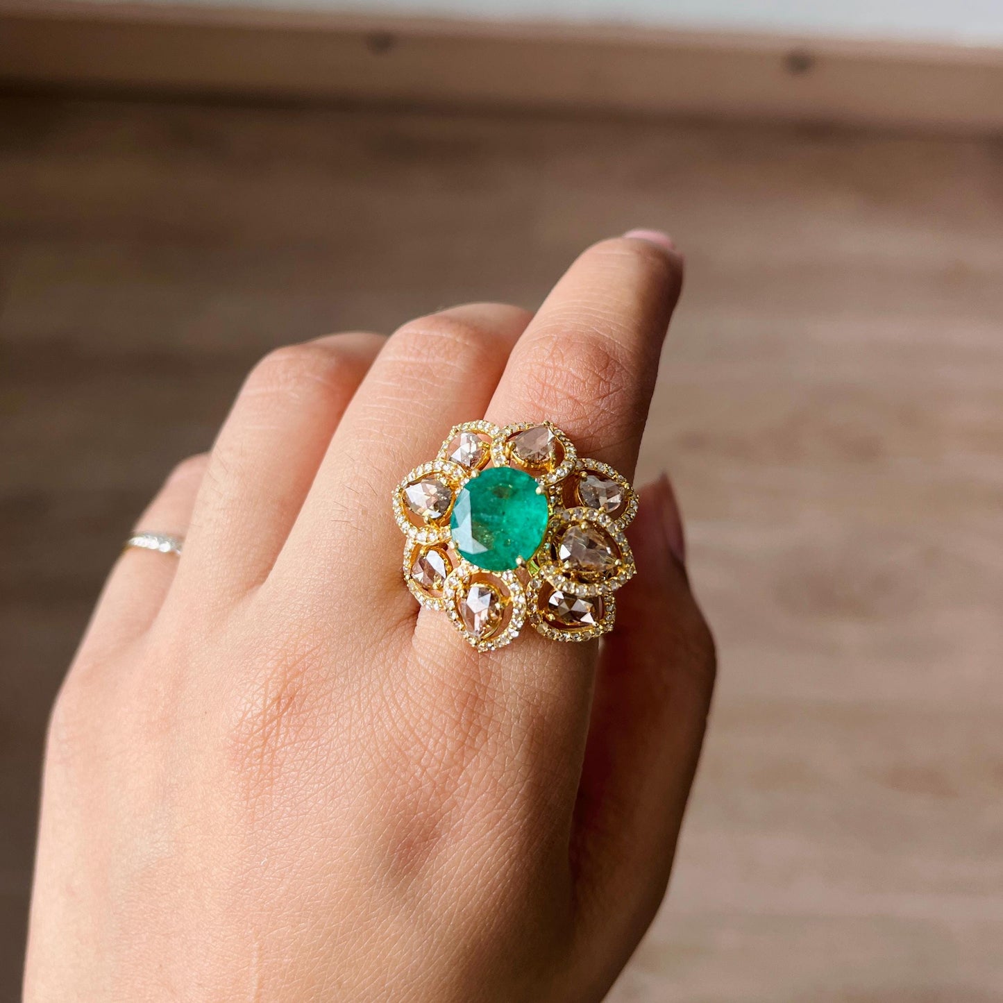 14k Gold Natural Zambian Emerald & Diamond Ring - 3.06 Carats Emerald, 3.07 Carats Diamond Victorian Ring