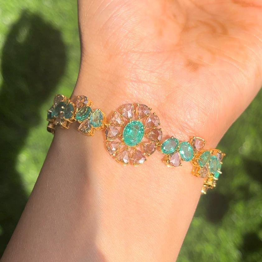14k Gold Natural Zambian Emerald & Rose Cut Diamond Bracelet - 11.93 Carats Emerald, 6.75 Carats Diamond Victorian Bracelet