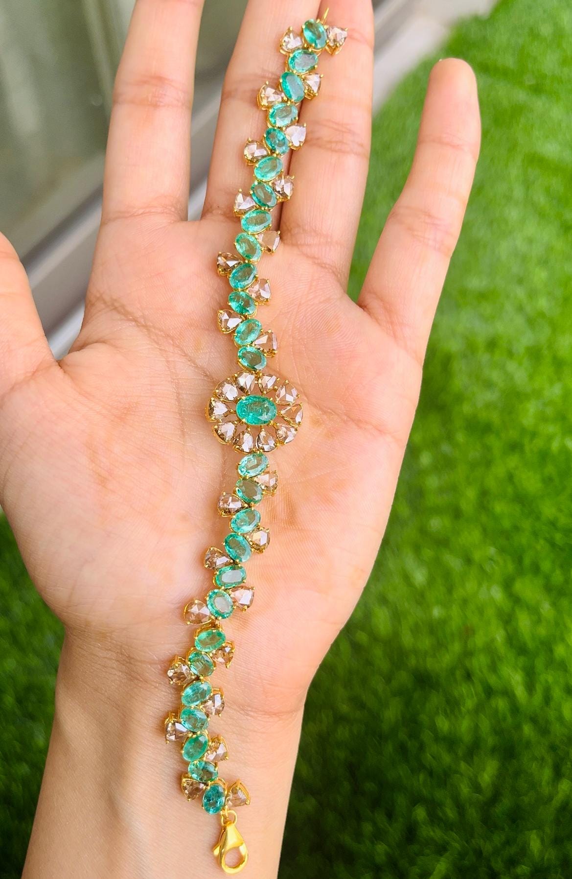 14k Gold Natural Zambian Emerald & Rose Cut Diamond Bracelet - 11.93 Carats Emerald, 6.75 Carats Diamond Victorian Bracelet