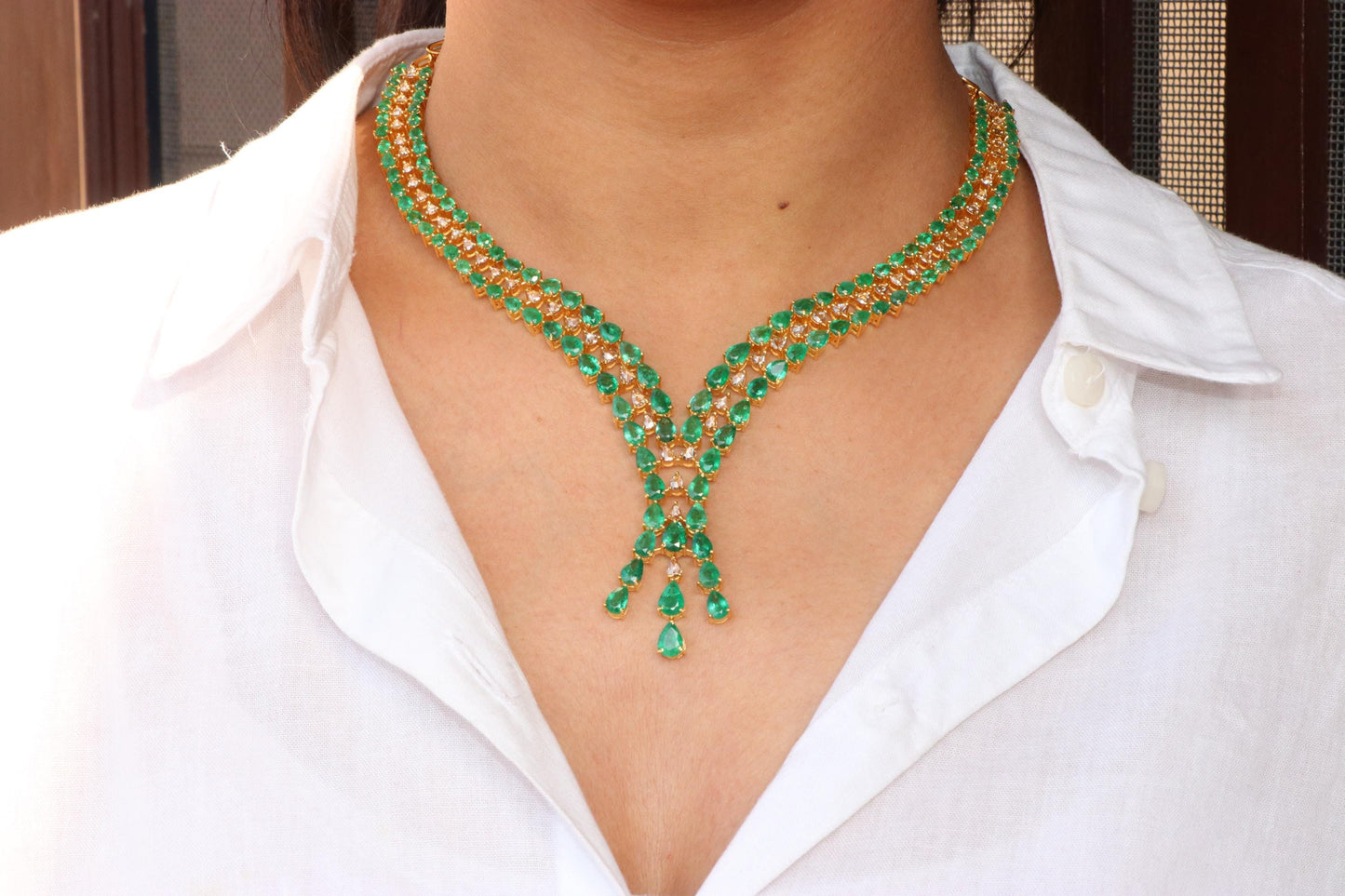 14k Gold Natural Zambian Emerald & Rose Cut Diamond Necklace - 25.94 Carats Emerald, 3.4 Carats Diamond Victorian Necklace