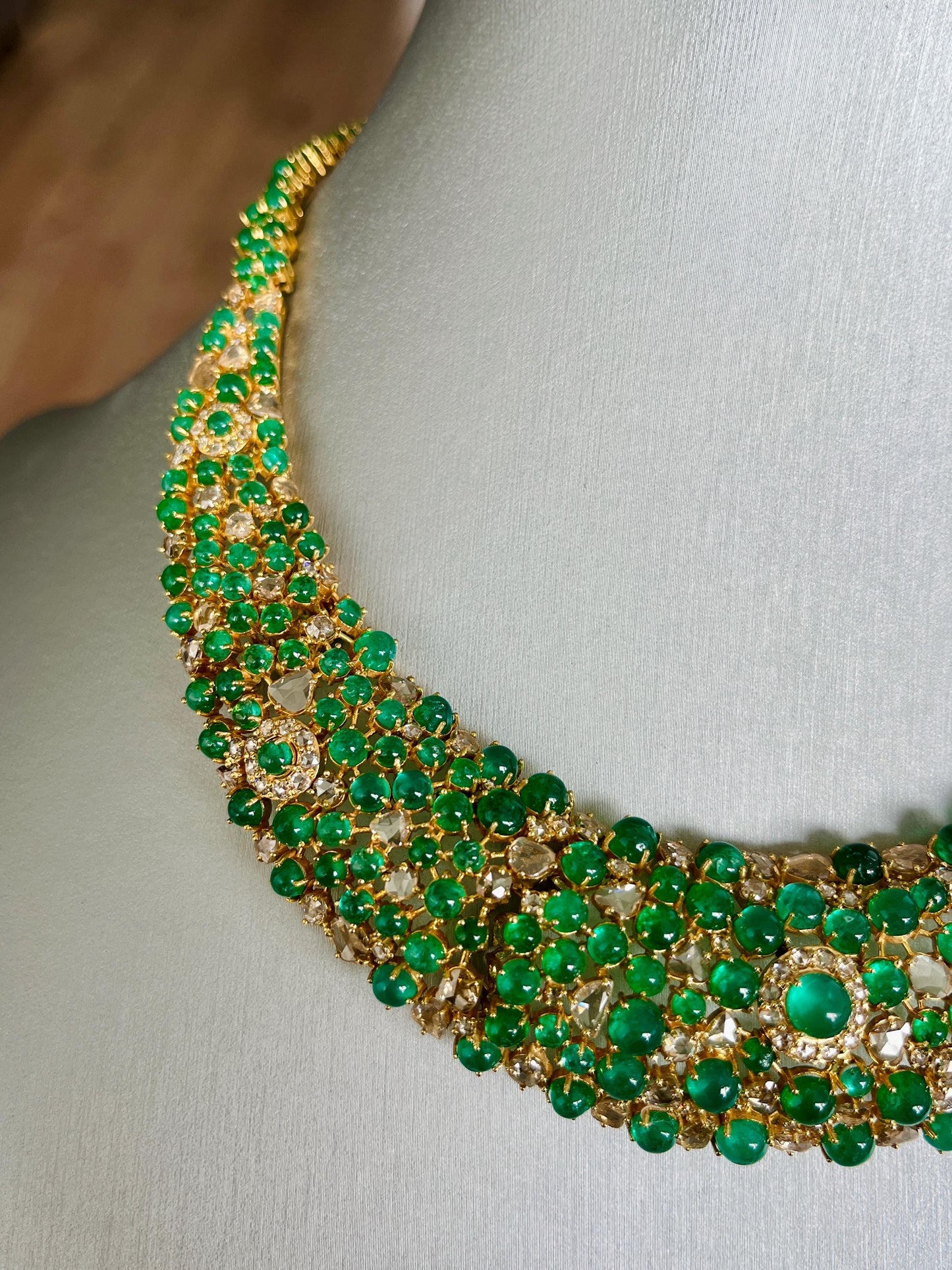 14k Gold Natural Zambian Emerald & Rose Cut Diamond Necklace - 56.43 Carats Emerald, 12.18 Carats Diamond Victorian Necklace