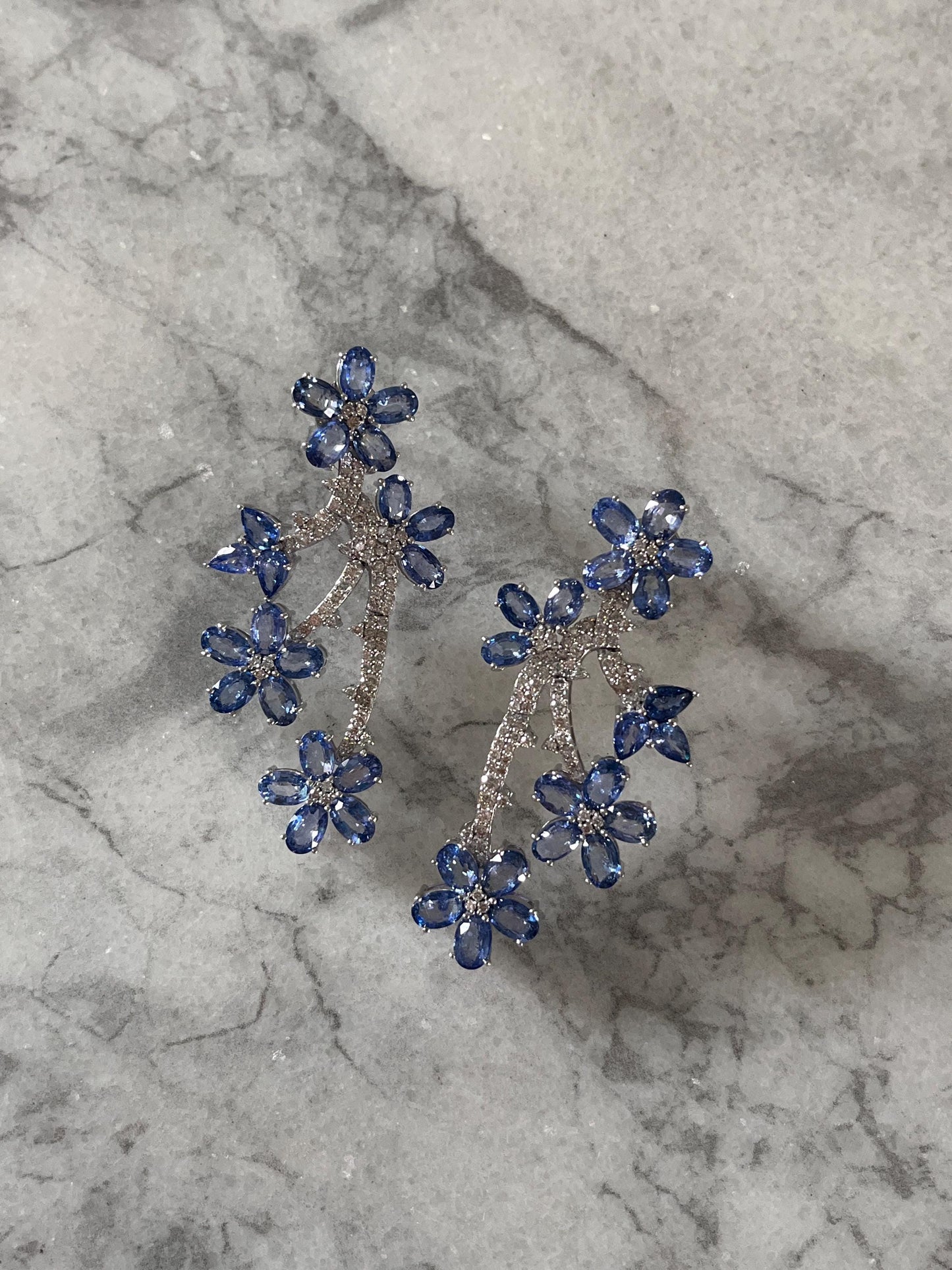 14k Gold Natural Blue Sapphire & Diamond Earrings - 21.48 Carats Sapphire, 1.83 Carats Diamond Art Nouveau Earrings