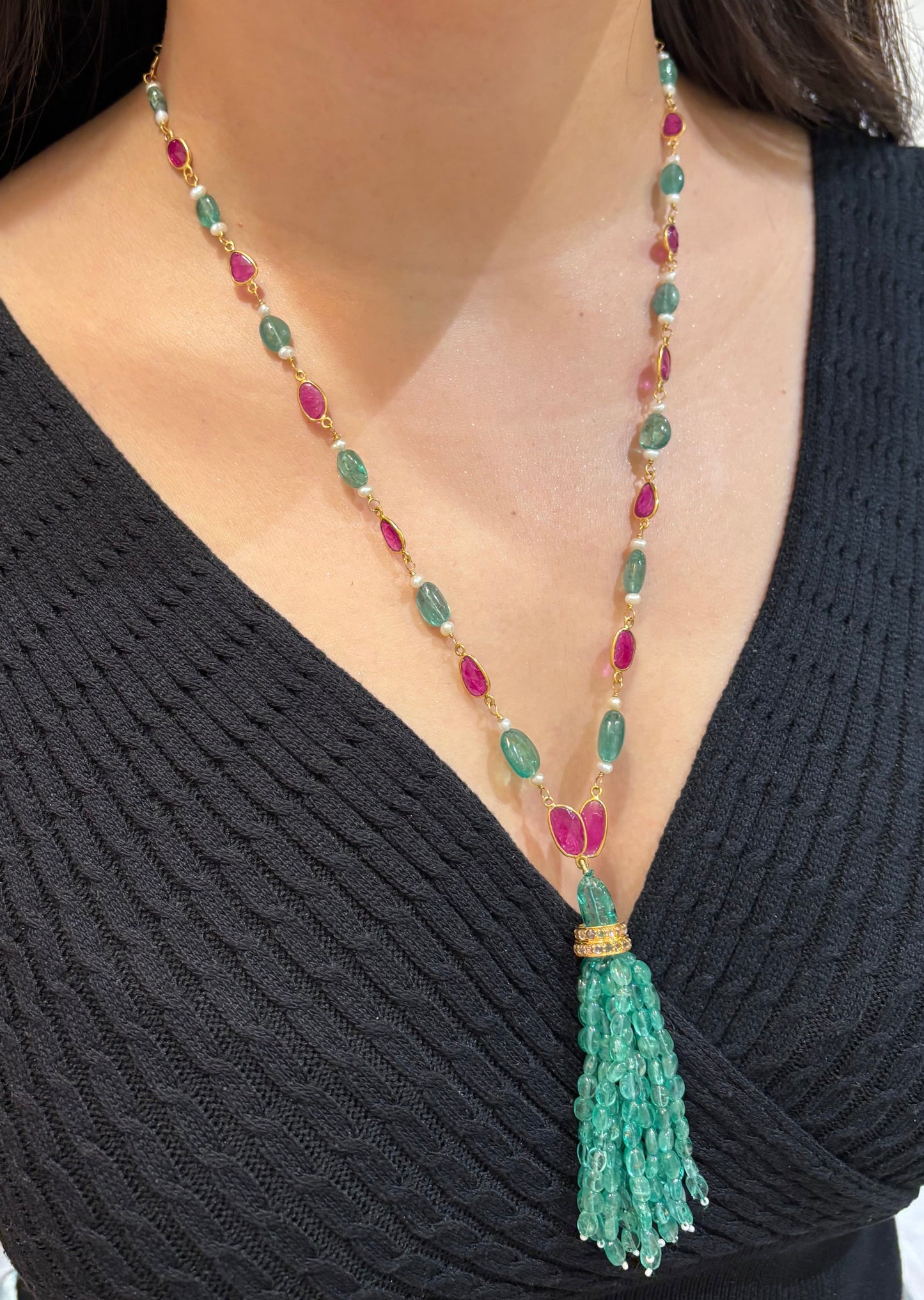 14k Gold Natural Zambian Emerald, Ruby & Rose Cut Diamond Boho Victorian Beaded Tassel Necklace