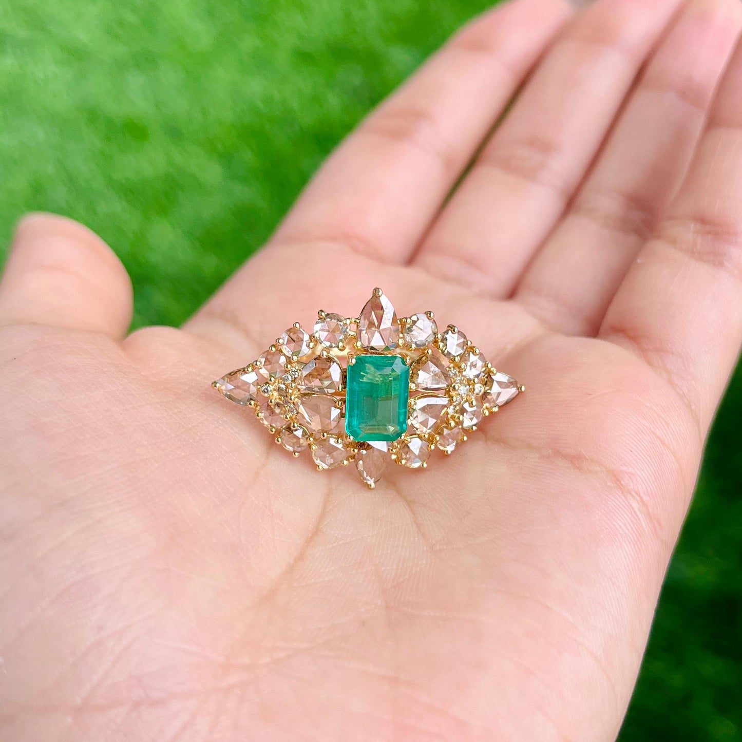 14k Gold Natural Zambian Emerald & Diamond Ring - 1.47 Carats Emerald, 2.69 Carats Diamond Art Nouveau Ring