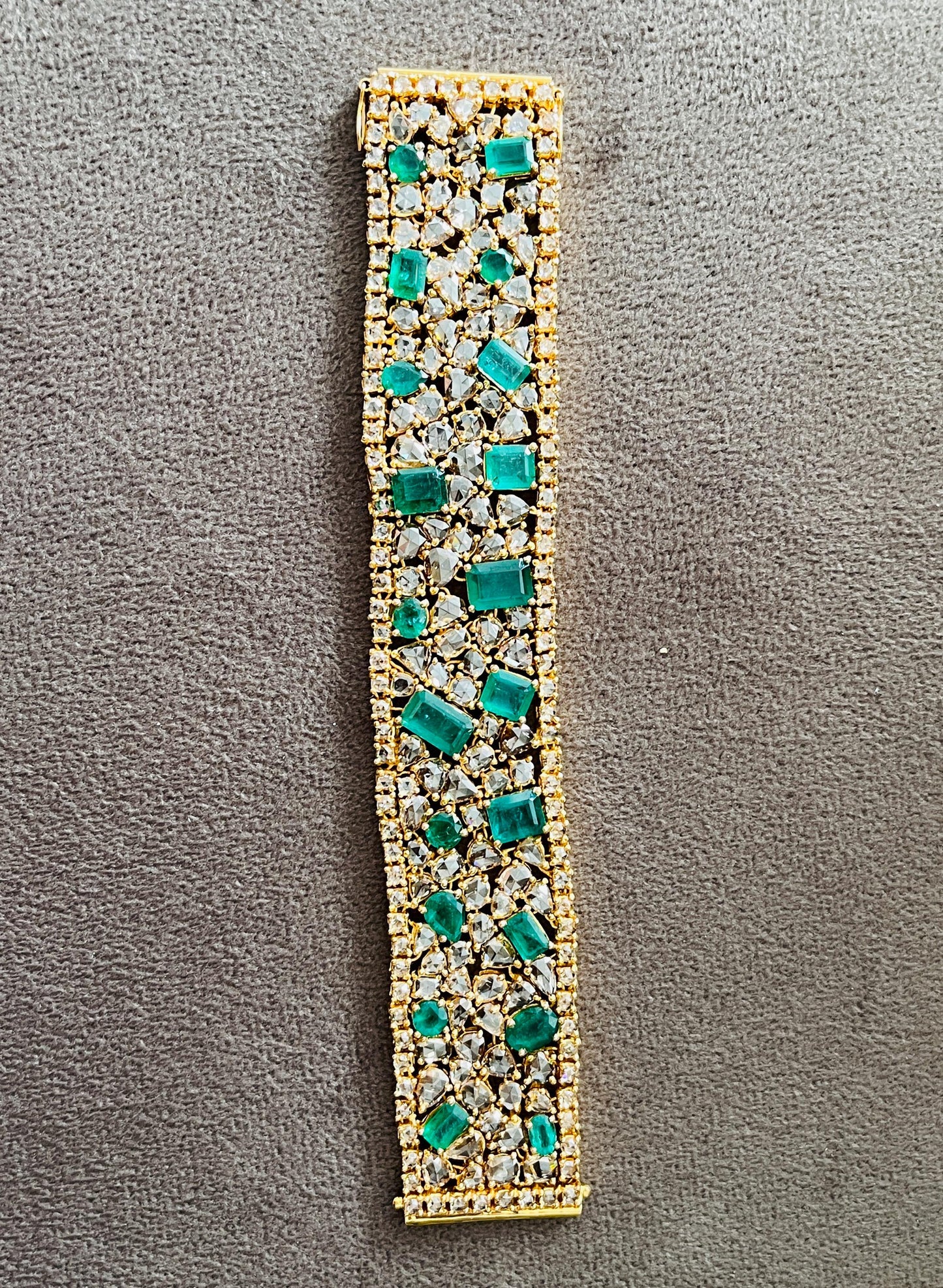 14k Gold Natural Zambian Emerald & Rose Cut Diamond Bracelet - 23.75 Carats Emerald, 31.1 Carats Diamond Victorian Bracelet