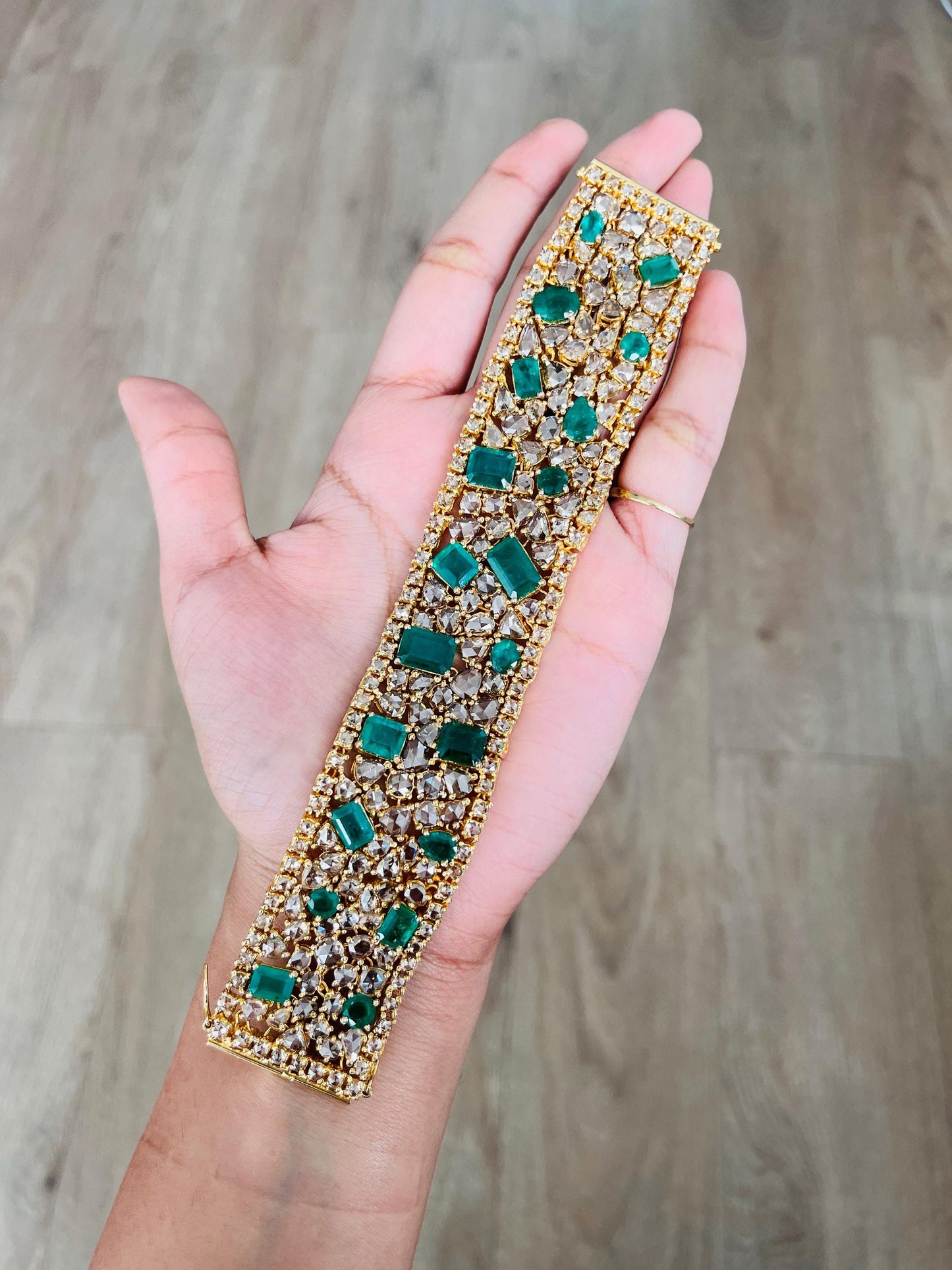 14k Gold Natural Zambian Emerald & Rose Cut Diamond Bracelet - 23.75 Carats Emerald, 31.1 Carats Diamond Victorian Bracelet