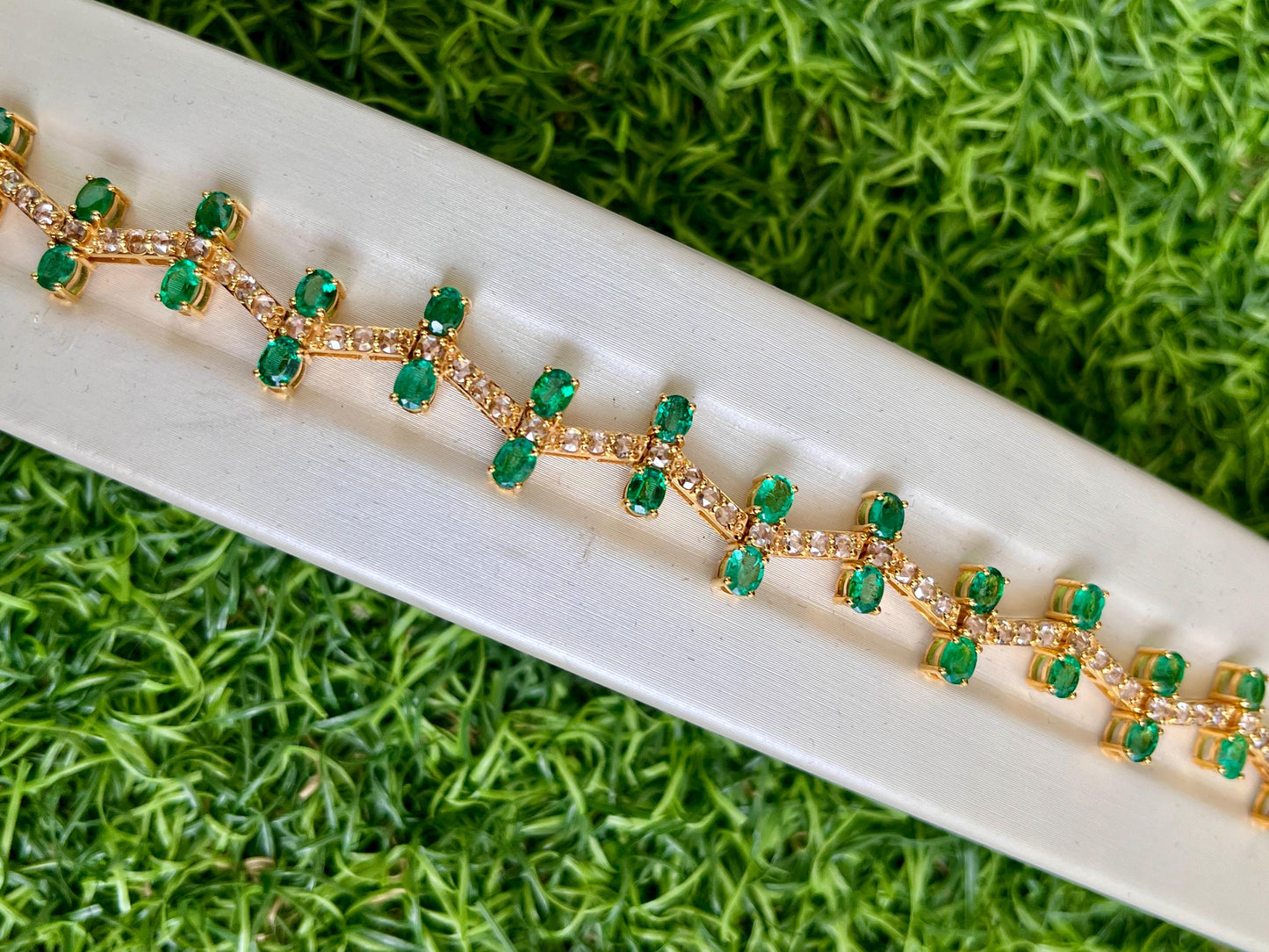 14k Gold Natural Zambian Emerald & Rose Cut Diamond Bracelet - 5.8 Carats Emerald, 1.82 Carats Diamond Art Deco Bracelet
