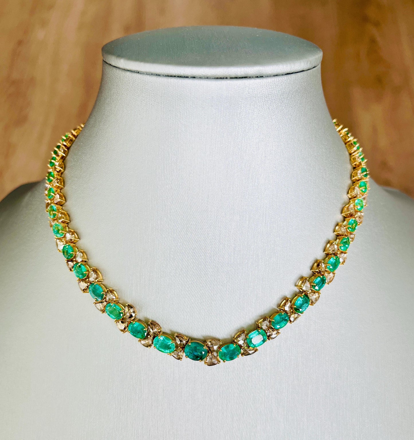 14k Gold Natural Zambian Emerald & Rose Cut Diamond Necklace - 19.25 Carats Emerald, 13.98 Carats Diamond Victorian Necklace