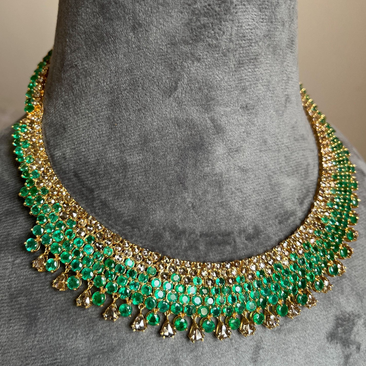14k Gold Natural Zambian Emerald & Rose Cut Diamond Necklace - 50.6 Carats Emerald, 21.43 Carats Diamond Victorian Necklace