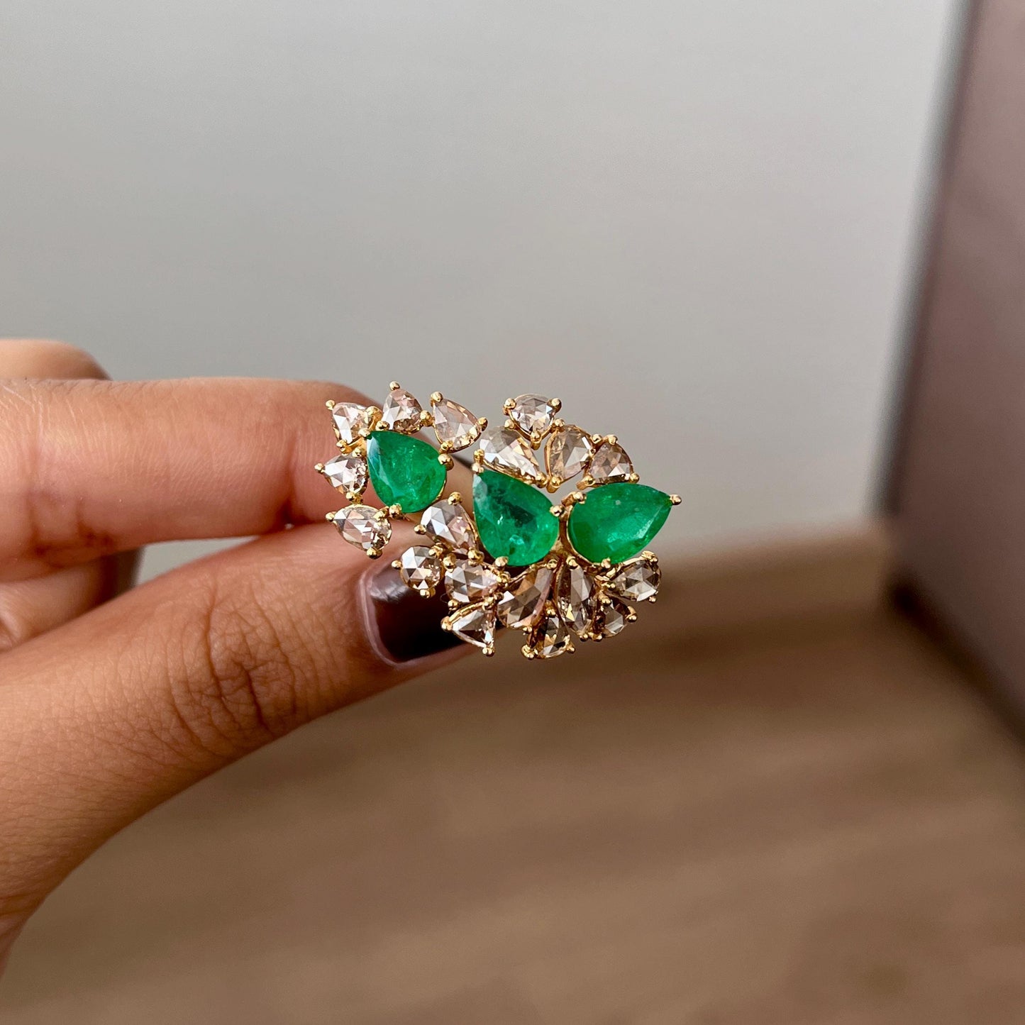 14k Gold Natural Zambian Emerald & Rose Cut Diamond Ring - 3.01 Carats Emerald, 2.1 Carats Diamond Victorian Ring