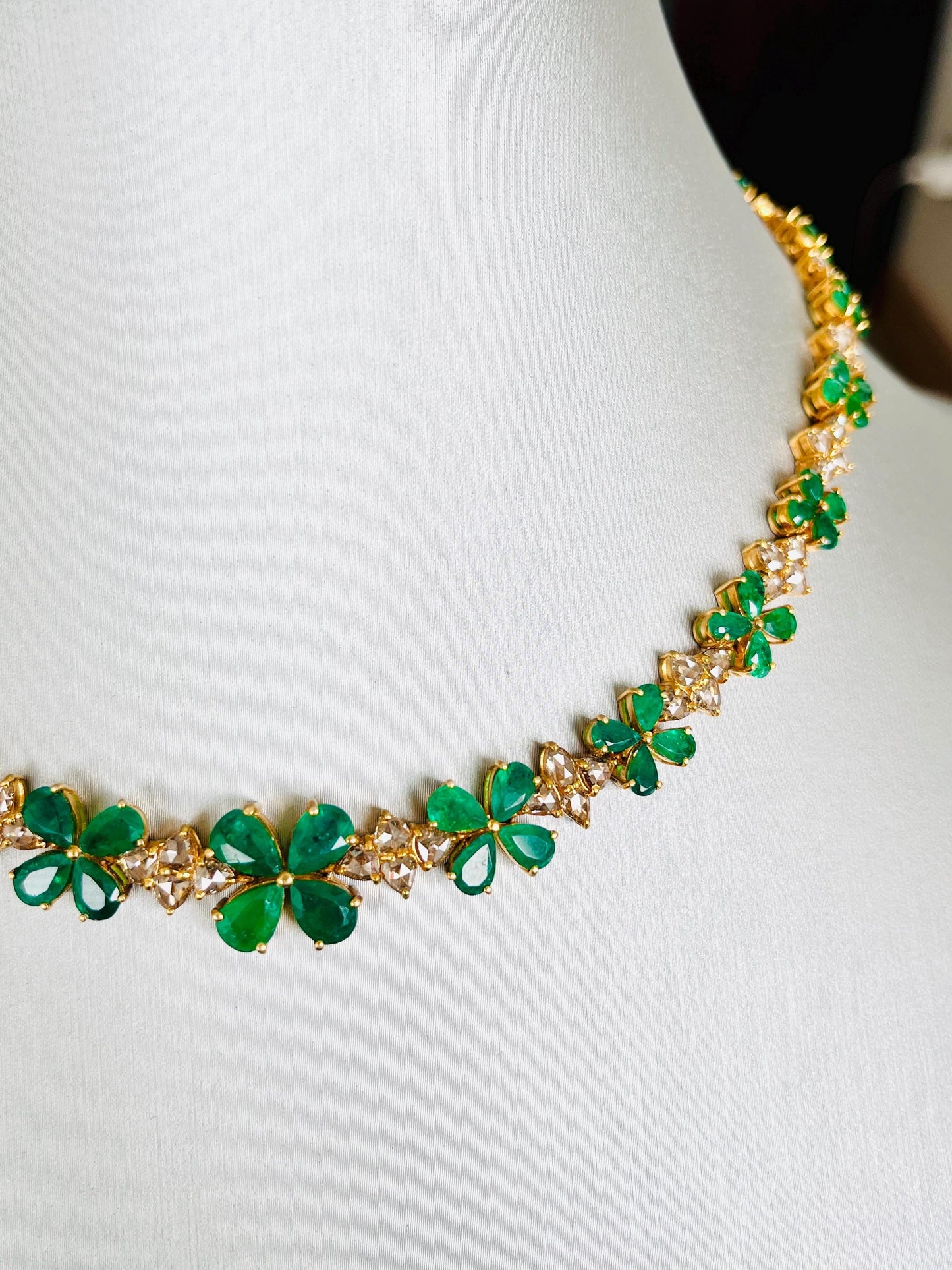14k Gold Natural Zambian Emerald & Rose Cut Diamond Necklace - 15.6 Carats Emerald, 6.47 Carats Diamond Victorian Necklace