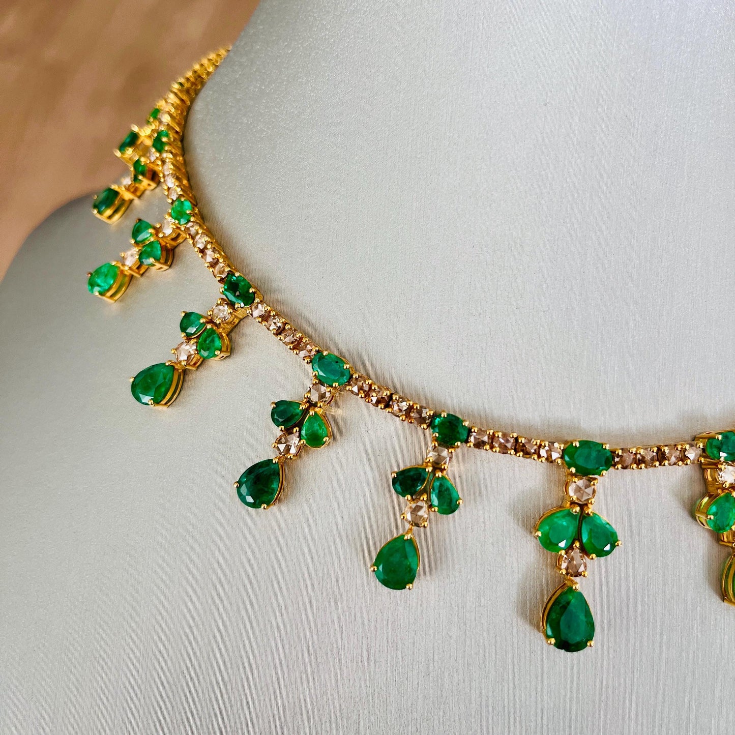 14k Gold Natural Zambian Emerald & Rose Cut Diamond Necklace - 24.21 Carats Emerald, 12.91 Carats Diamond Victorian Necklace