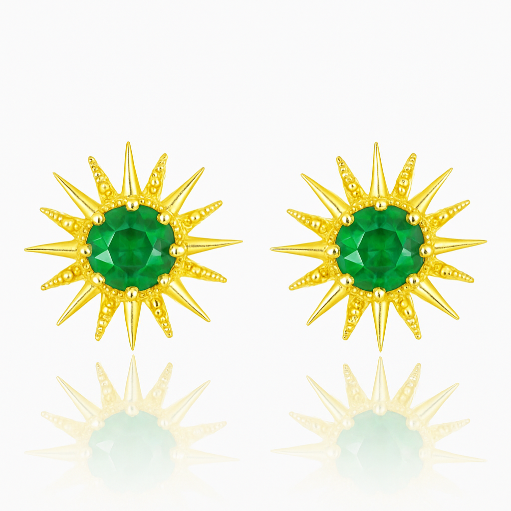 Solid Gold Natural Emerald Sunburst Art Deco Stud Earrings