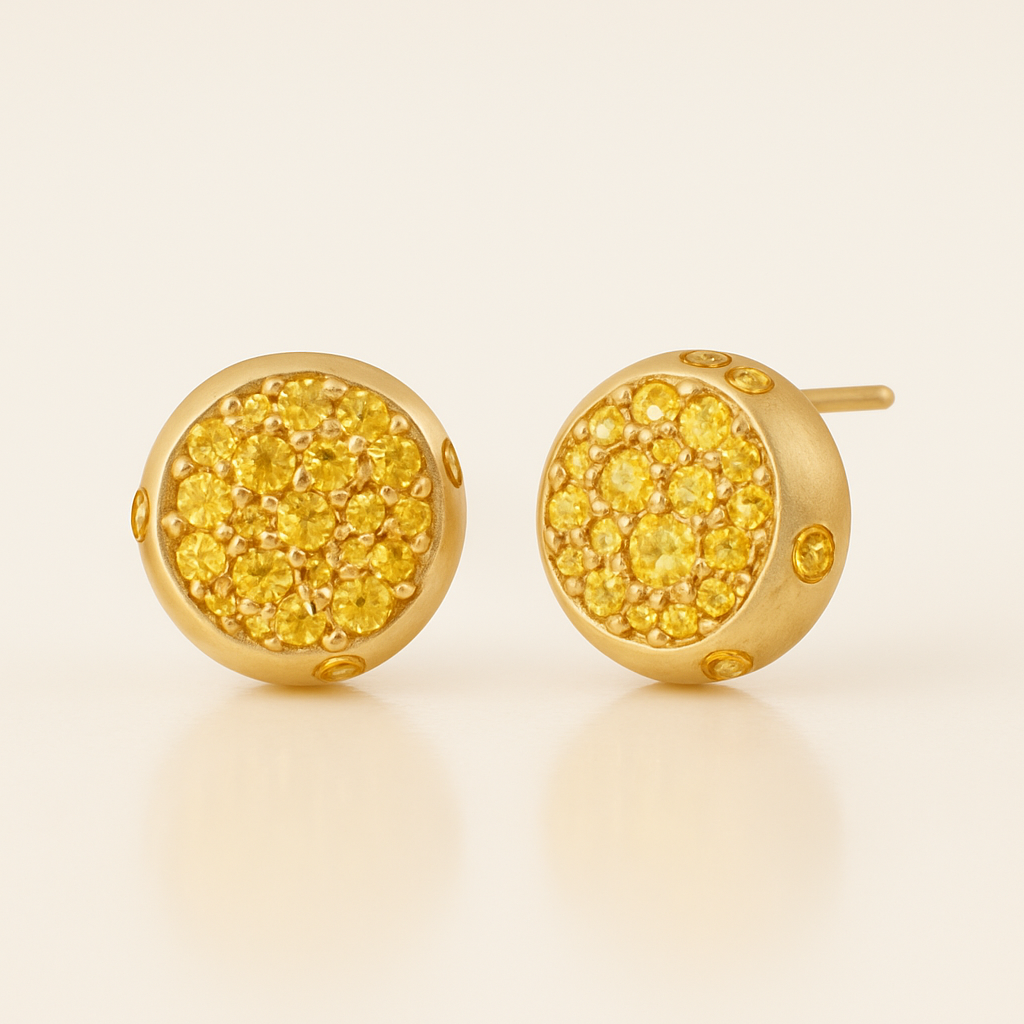 Solid Gold Natural Yellow Sapphire Dome Minimalist Stud Earrings