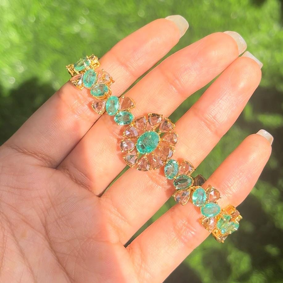14k Gold Natural Zambian Emerald & Rose Cut Diamond Bracelet - 11.93 Carats Emerald, 6.75 Carats Diamond Victorian Bracelet