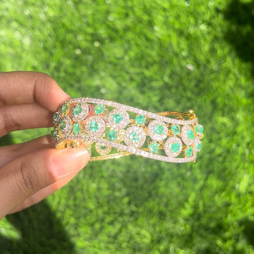 14k Gold Natural Zambian Emerald & Diamond Bracelet - 9.98 Carats Emerald, 8.34 Carats Diamond Art Nouveau Cuff Bracelet