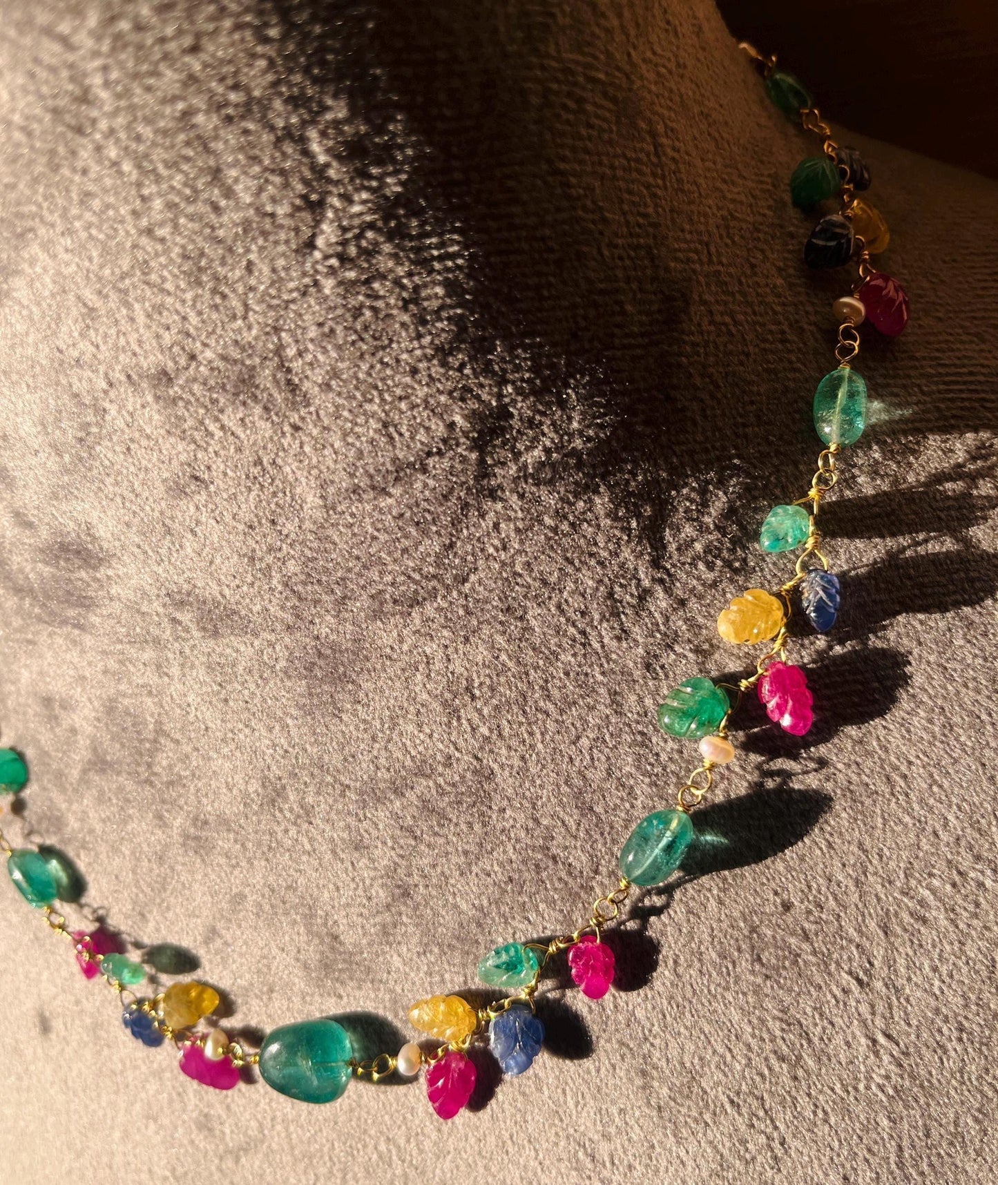 The Celeste Garland Necklace II - 14k Gold Natural Zambian Emerald, Sapphire & Ruby Art Nouveau Beaded Necklace