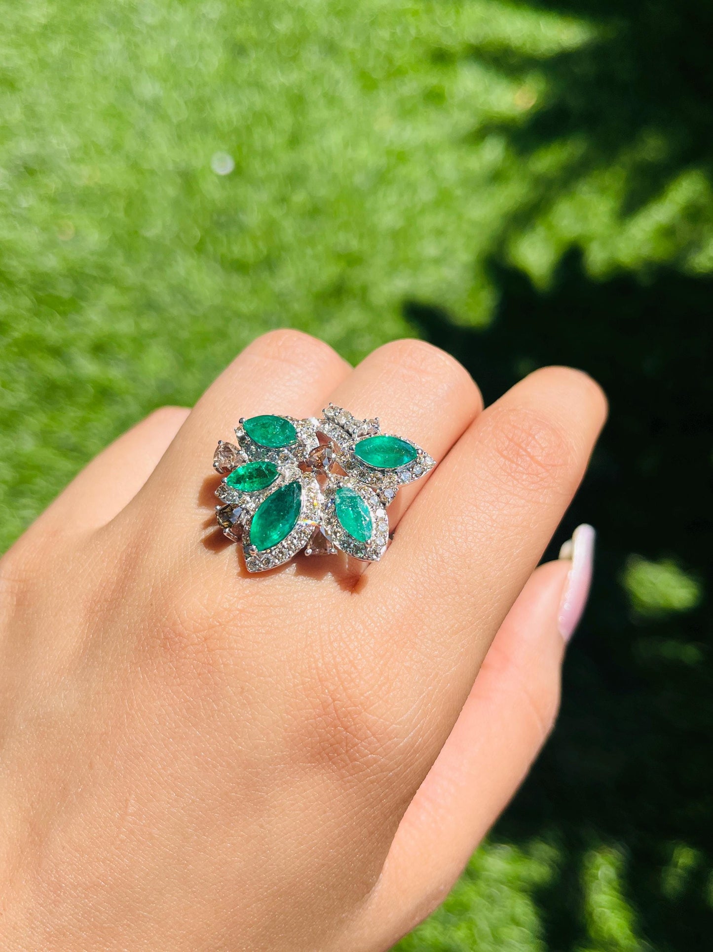 14k Gold Natural Zambian Emerald & Diamond Ring - 2.74 Carats Emerald, 1.93 Carats Diamond Art Nouveau Ring