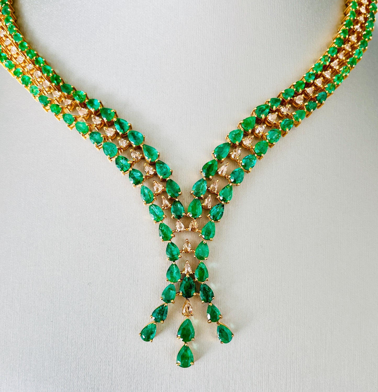 14k Gold Natural Zambian Emerald & Rose Cut Diamond Necklace - 25.94 Carats Emerald, 3.4 Carats Diamond Victorian Necklace