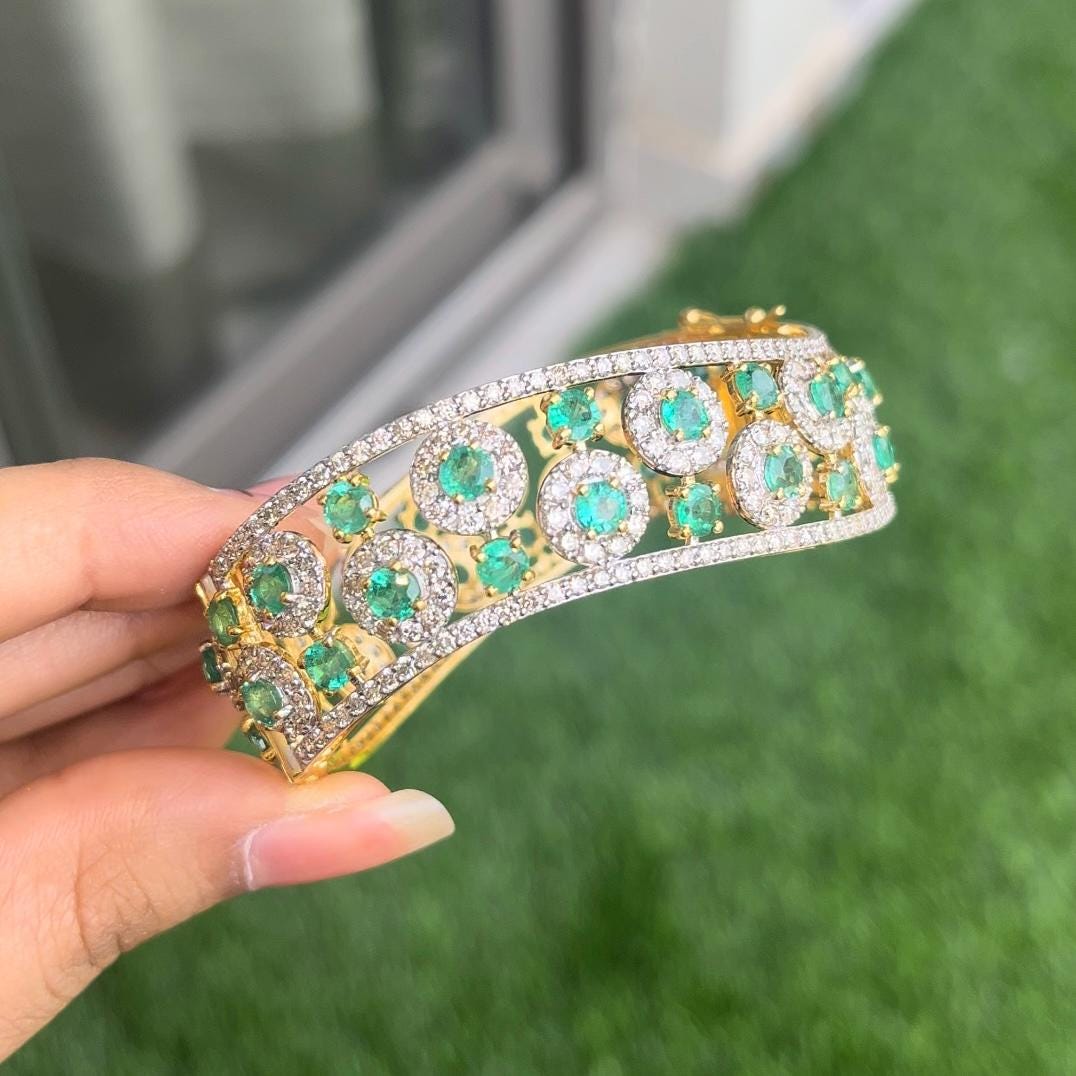 14k Gold Natural Zambian Emerald & Diamond Bracelet - 9.98 Carats Emerald, 8.34 Carats Diamond Art Nouveau Cuff Bracelet
