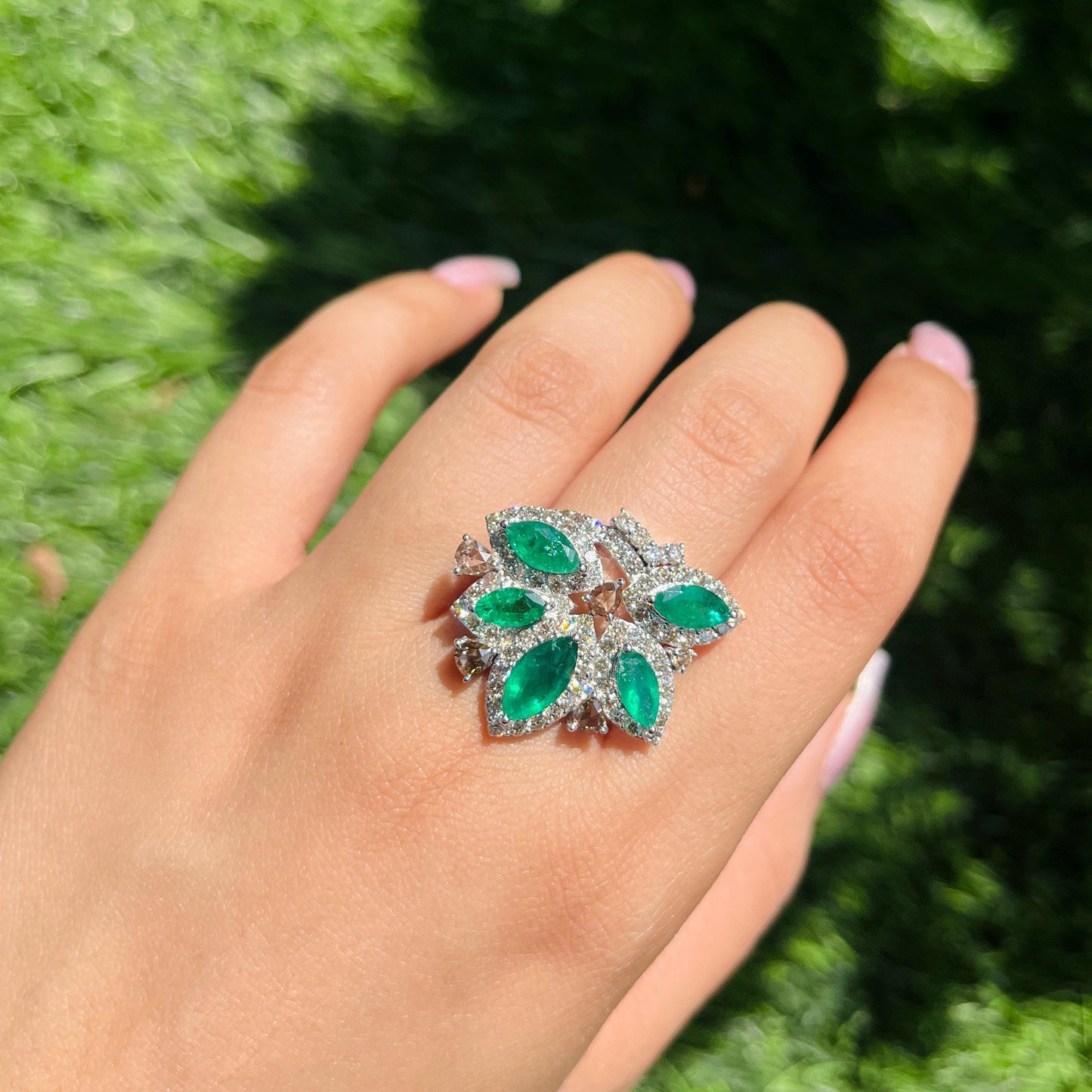 14k Gold Natural Zambian Emerald & Diamond Ring - 2.74 Carats Emerald, 1.93 Carats Diamond Art Nouveau Ring