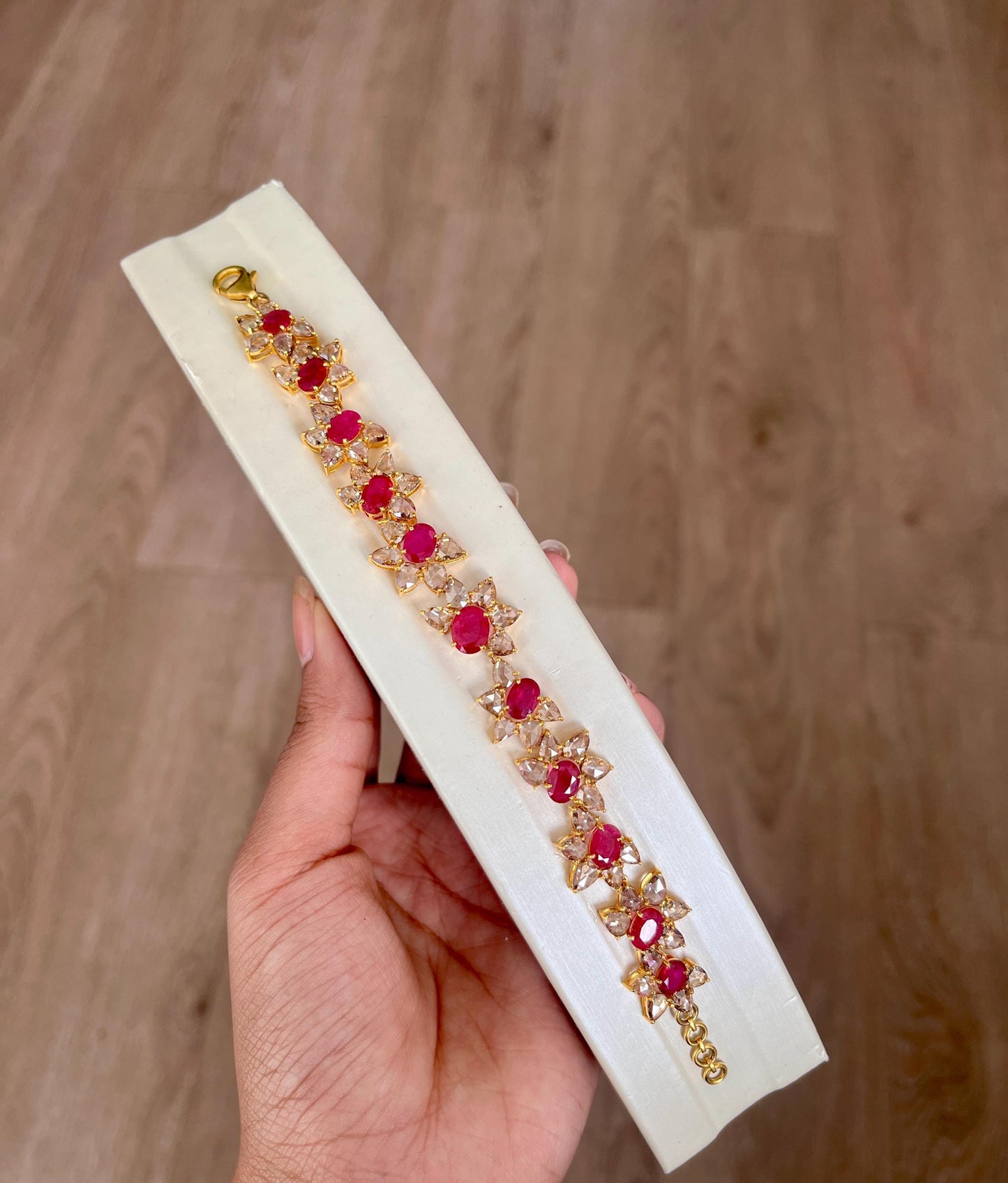 14k Gold Natural Ruby & Rose Cut Diamond Bracelet - 7.49 Carats Ruby, 9.03 Carats Diamond Art Nouveau Bracelet