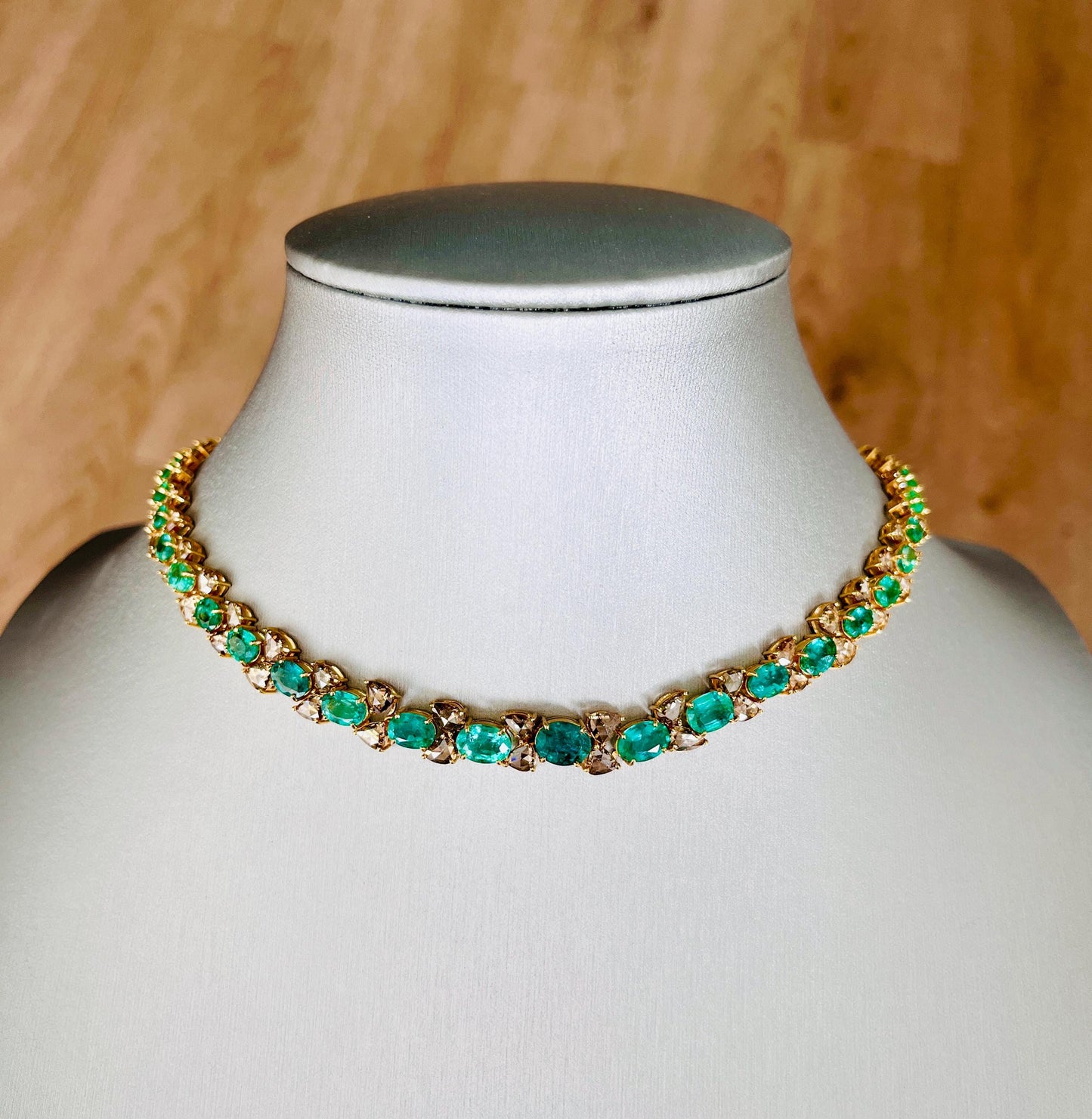 14k Gold Natural Zambian Emerald & Rose Cut Diamond Necklace - 19.25 Carats Emerald, 13.98 Carats Diamond Victorian Necklace