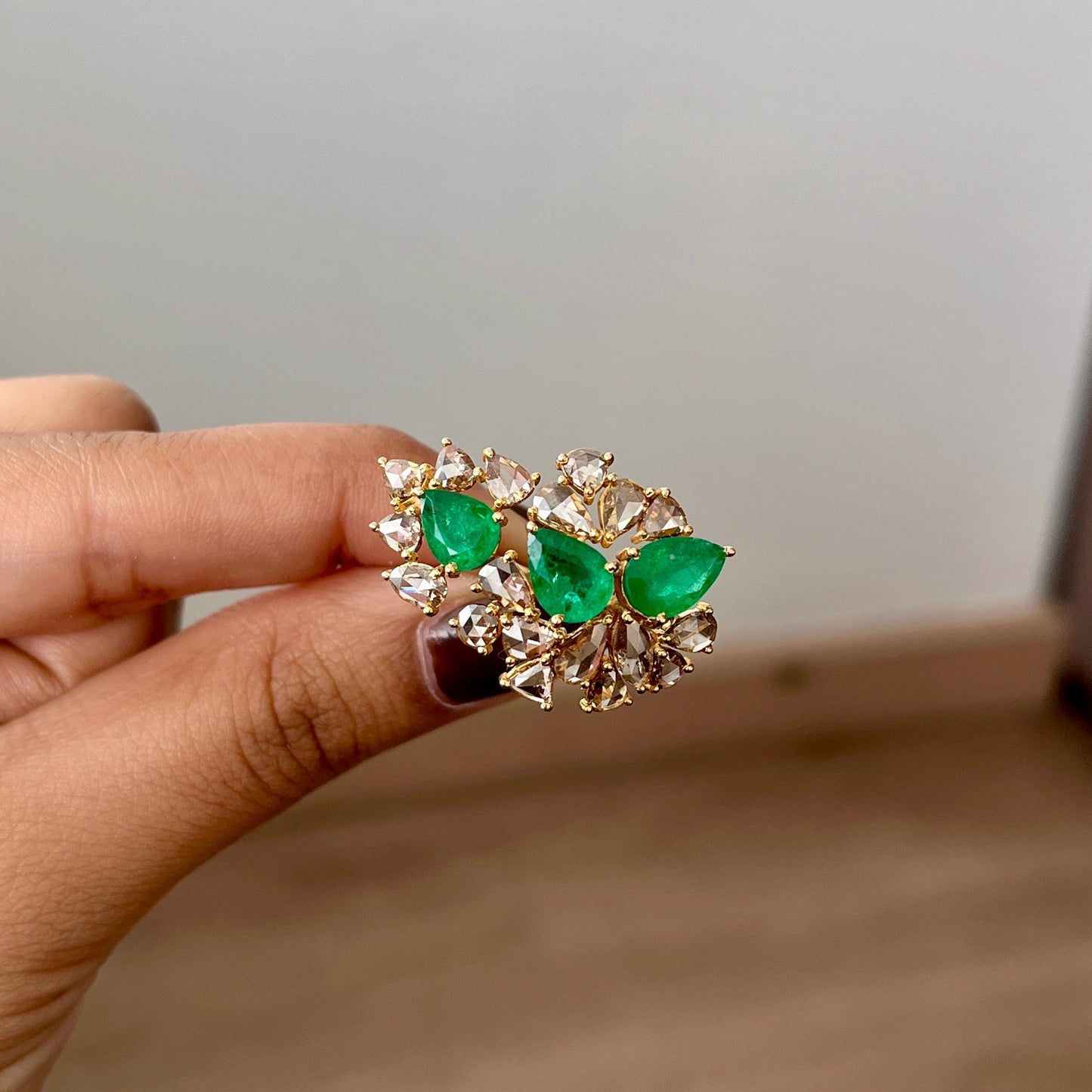 14k Gold Natural Zambian Emerald & Rose Cut Diamond Ring - 3.01 Carats Emerald, 2.1 Carats Diamond Victorian Ring