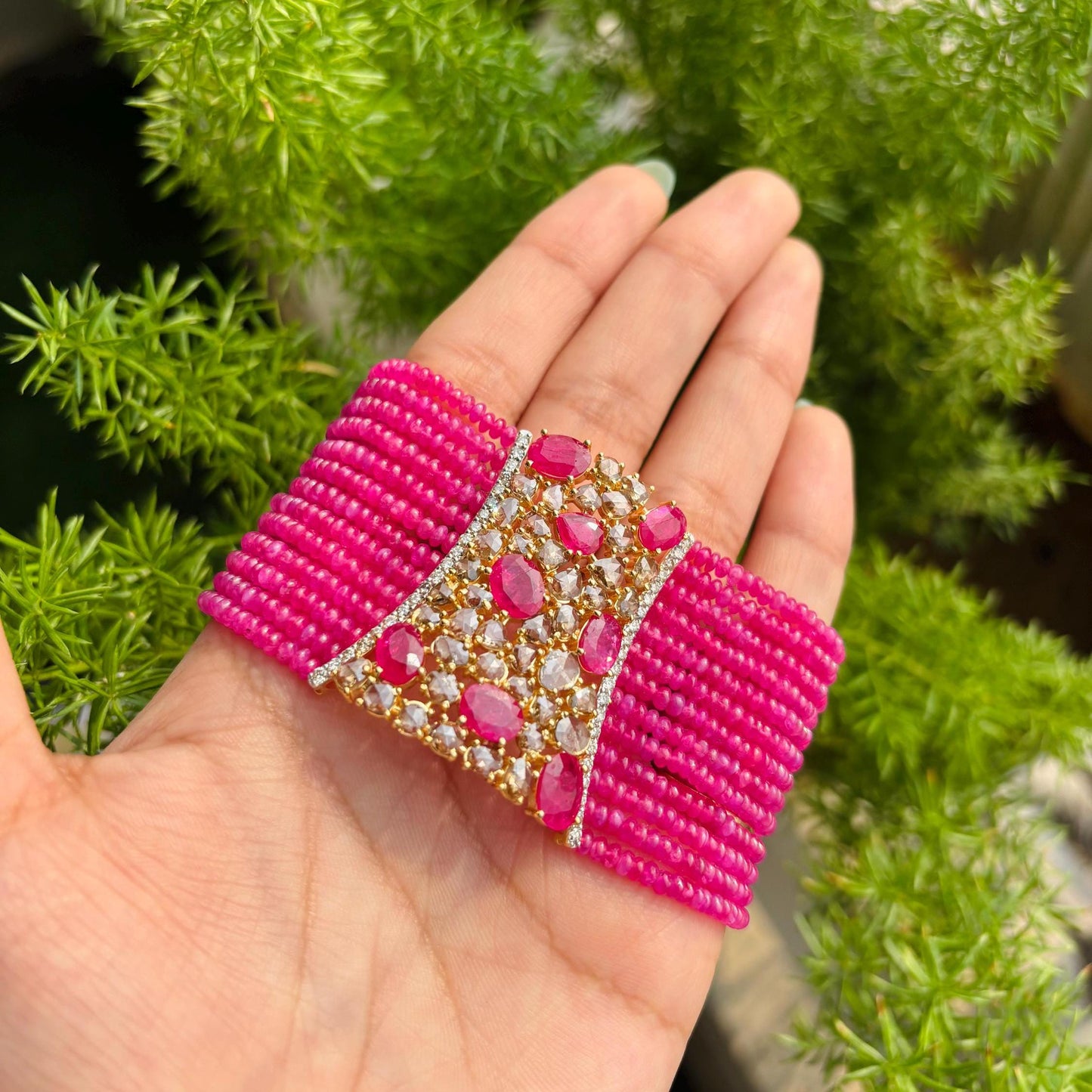 14k Gold Natural Ruby & Diamond Bracelet - 141.04 Carats Ruby, 5.54 Carats Diamond Victorian Beaded Bracelet
