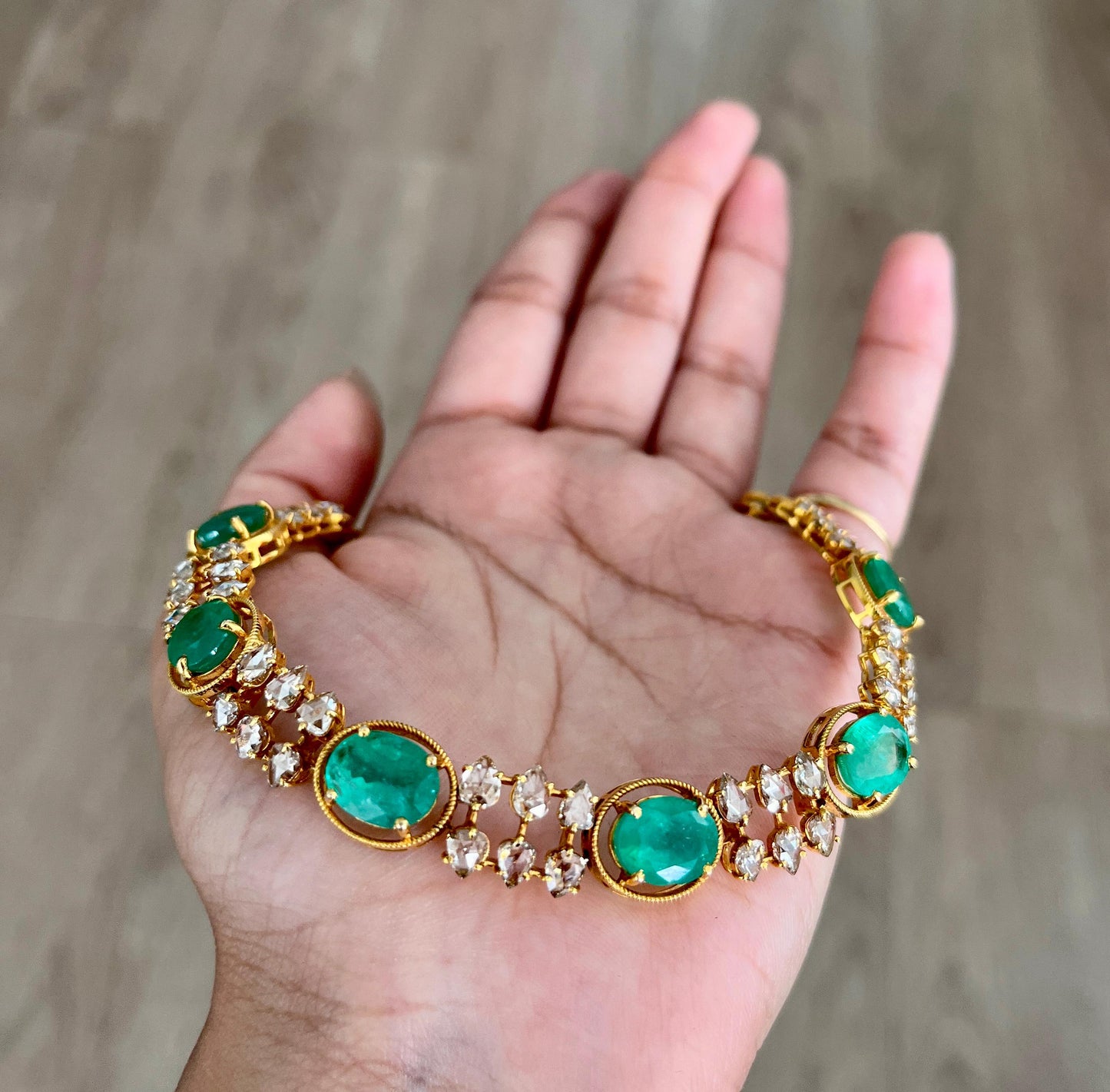 14k Gold Natural Zambian Emerald & Rose Cut Diamond Necklace - 15.41 Carats Emerald, 5.68 Carats Diamond Victorian Necklace