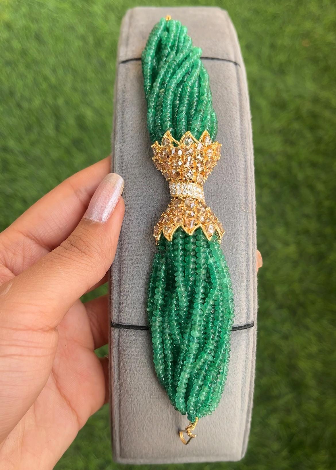 14k Gold Natural Zambian Emerald & Diamond Bracelet - 159.29 Carats Emerald, 6.3 Carats Diamond Victorian Beaded Bracelet