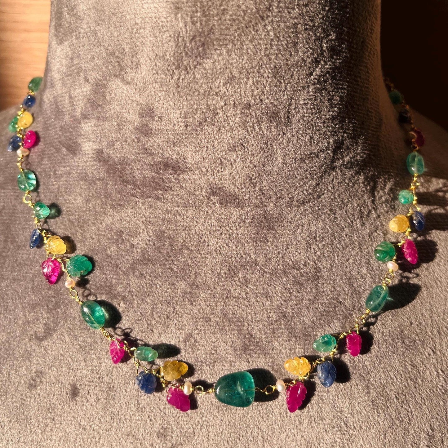 The Celeste Garland Necklace II - 14k Gold Natural Zambian Emerald, Sapphire & Ruby Art Nouveau Beaded Necklace