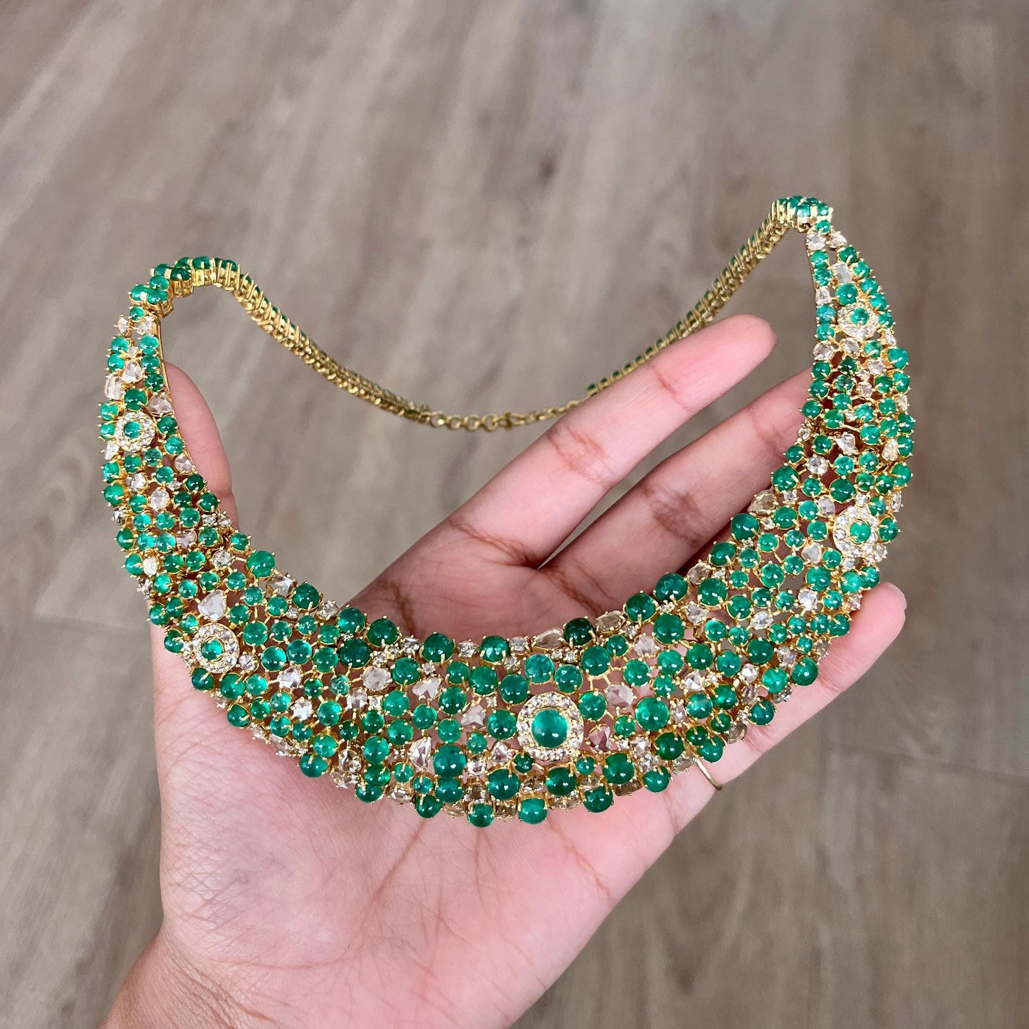 14k Gold Natural Zambian Emerald & Rose Cut Diamond Necklace - 56.43 Carats Emerald, 12.18 Carats Diamond Victorian Necklace