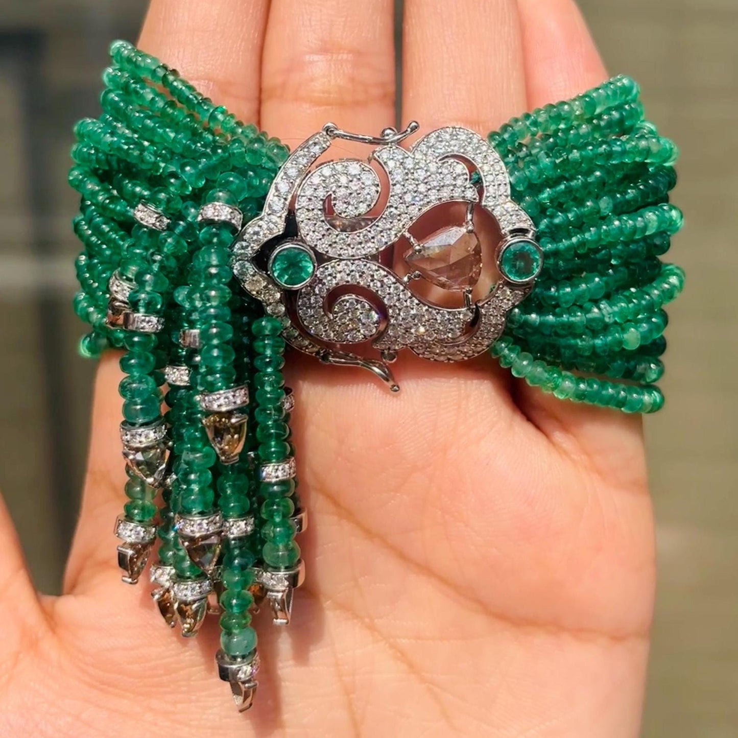 14k Gold Natural Zambian Emerald & Diamond Bracelet - 185.1 Carats Emerald, 5.97 Carats Diamond Victorian Beaded Bracelet