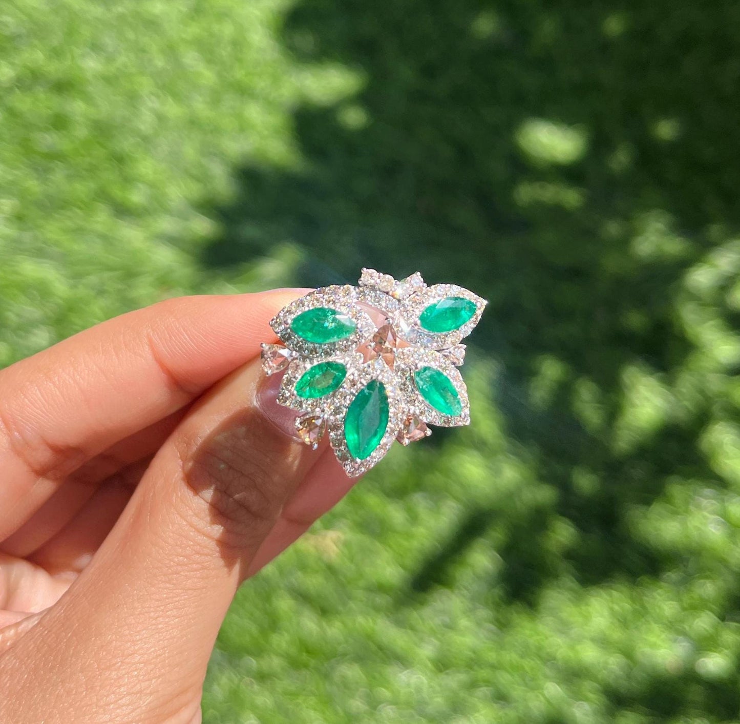 14k Gold Natural Zambian Emerald & Diamond Ring - 2.74 Carats Emerald, 1.93 Carats Diamond Art Nouveau Ring