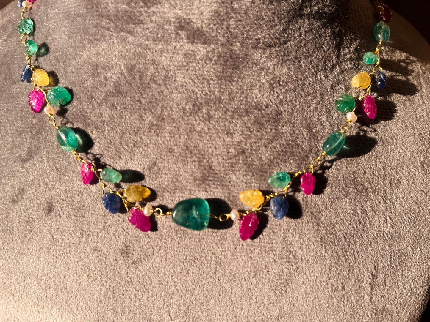 The Celeste Garland Necklace II - 14k Gold Natural Zambian Emerald, Sapphire & Ruby Art Nouveau Beaded Necklace
