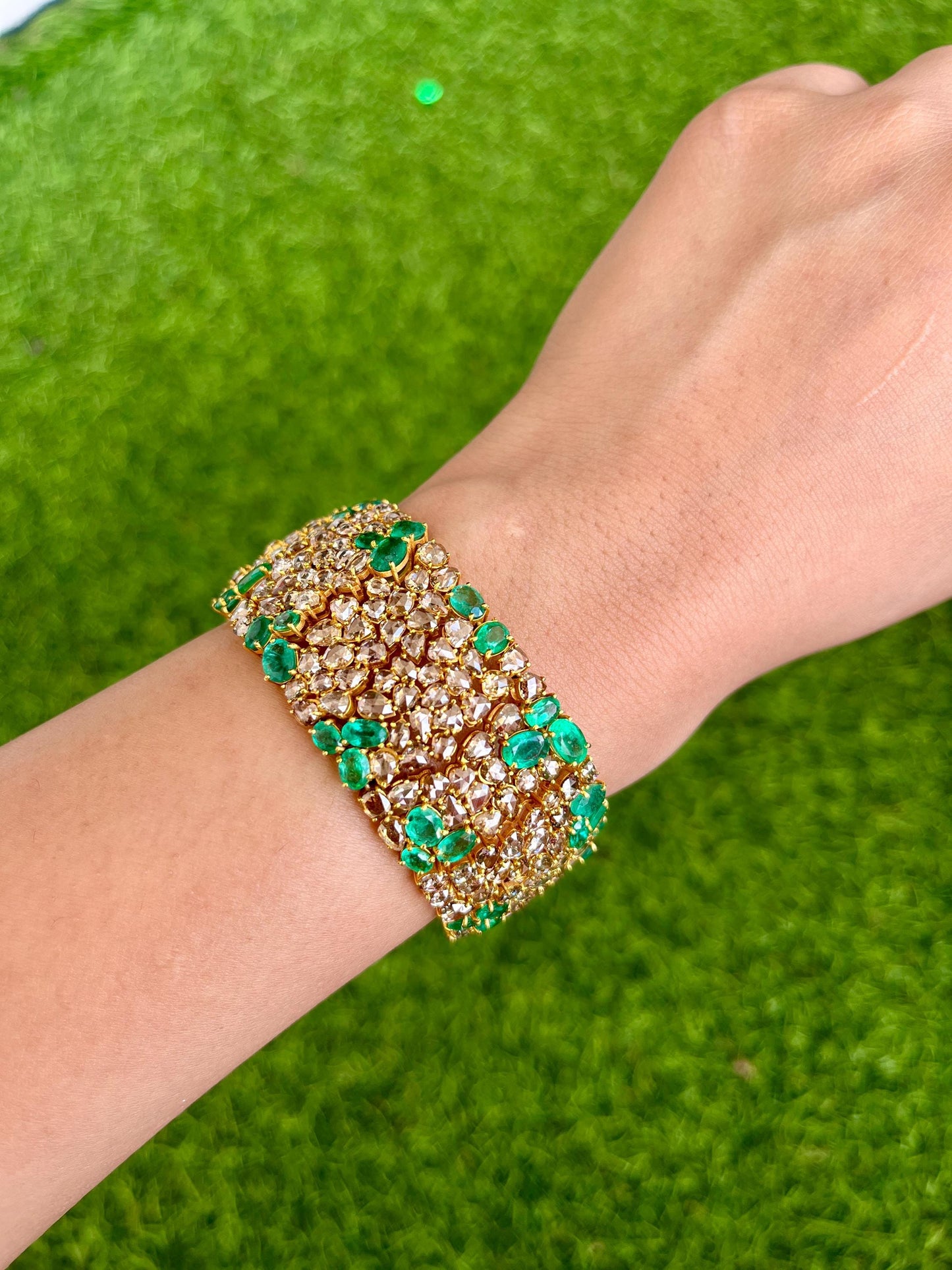 14k Gold Natural Zambian Emerald & Rose Cut Diamond Bracelet - 18.7 Carats Emerald, 24.18 Carats Diamond Victorian Bracelet