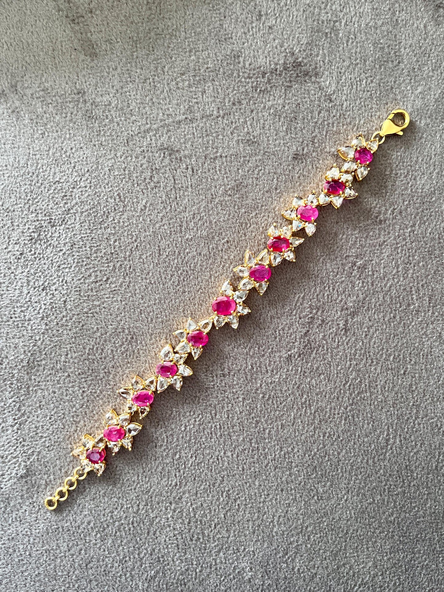 14k Gold Natural Ruby & Rose Cut Diamond Bracelet - 7.49 Carats Ruby, 9.03 Carats Diamond Art Nouveau Bracelet