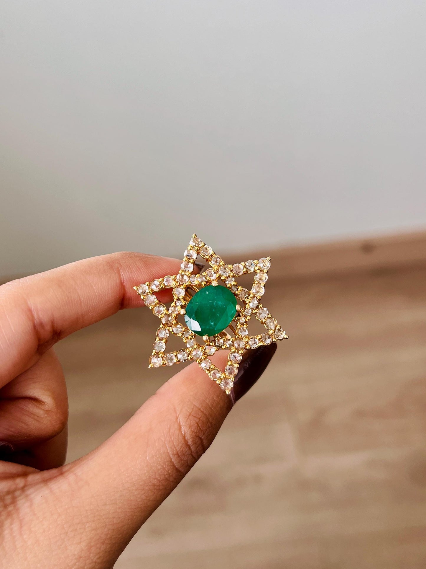14k Gold Natural Zambian Emerald & Rose Cut Diamond Ring - 3.89 Carats Emerald, 3.25 Carats Diamond Avant Garde Ring