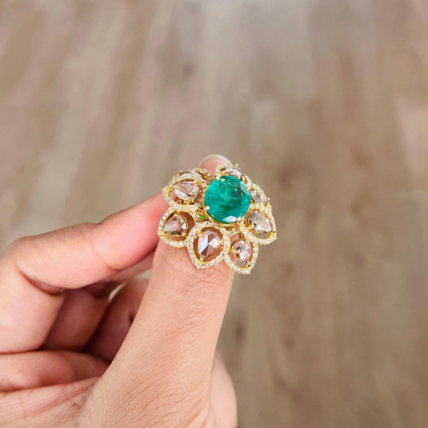 14k Gold Natural Zambian Emerald & Diamond Ring - 3.06 Carats Emerald, 3.07 Carats Diamond Victorian Ring