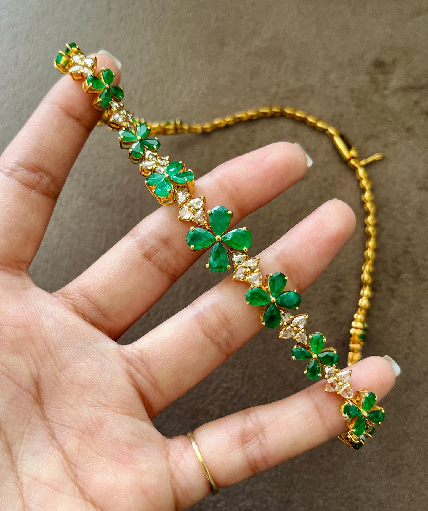 14k Gold Natural Zambian Emerald & Rose Cut Diamond Necklace - 15.6 Carats Emerald, 6.47 Carats Diamond Victorian Necklace