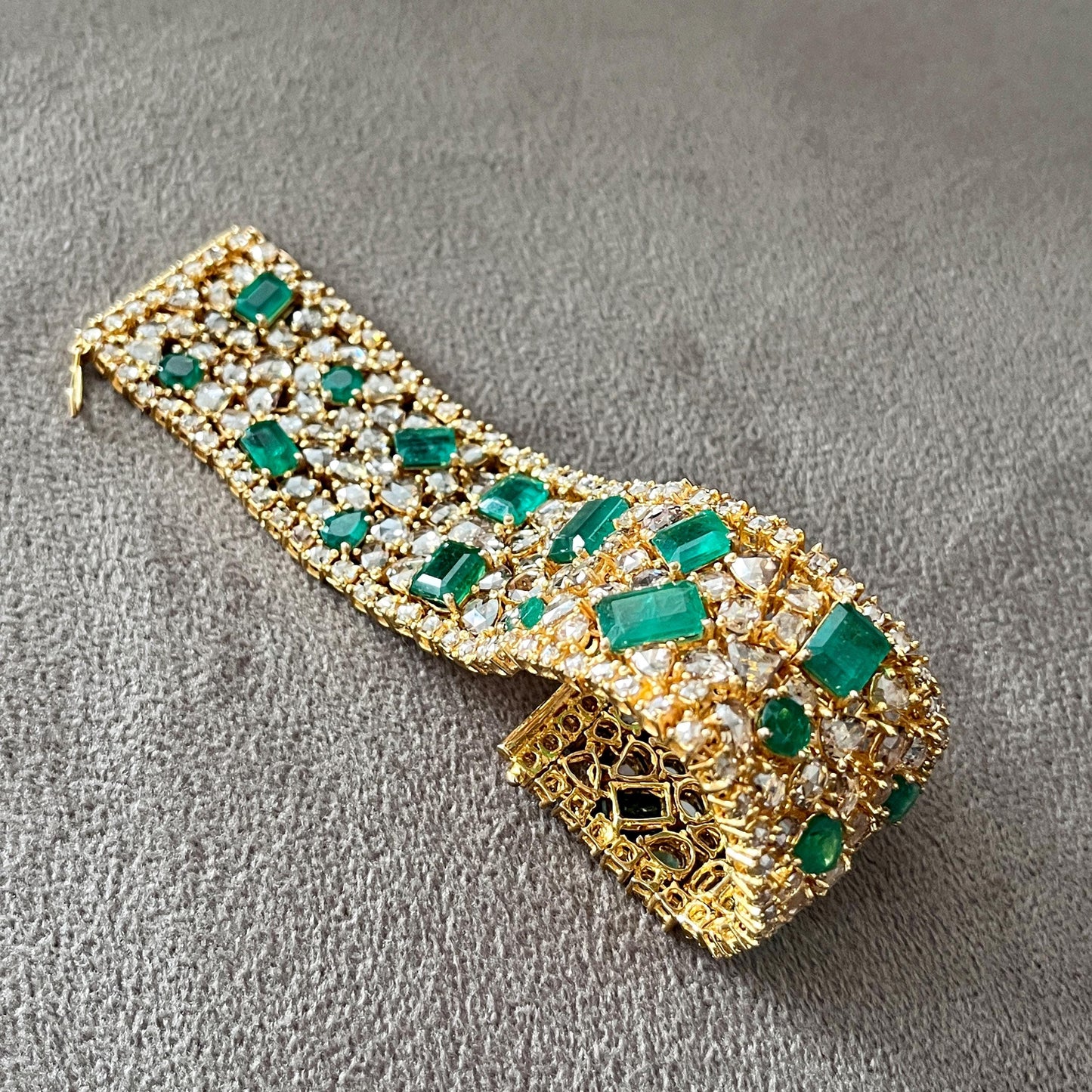 14k Gold Natural Zambian Emerald & Rose Cut Diamond Bracelet - 23.75 Carats Emerald, 31.1 Carats Diamond Victorian Bracelet