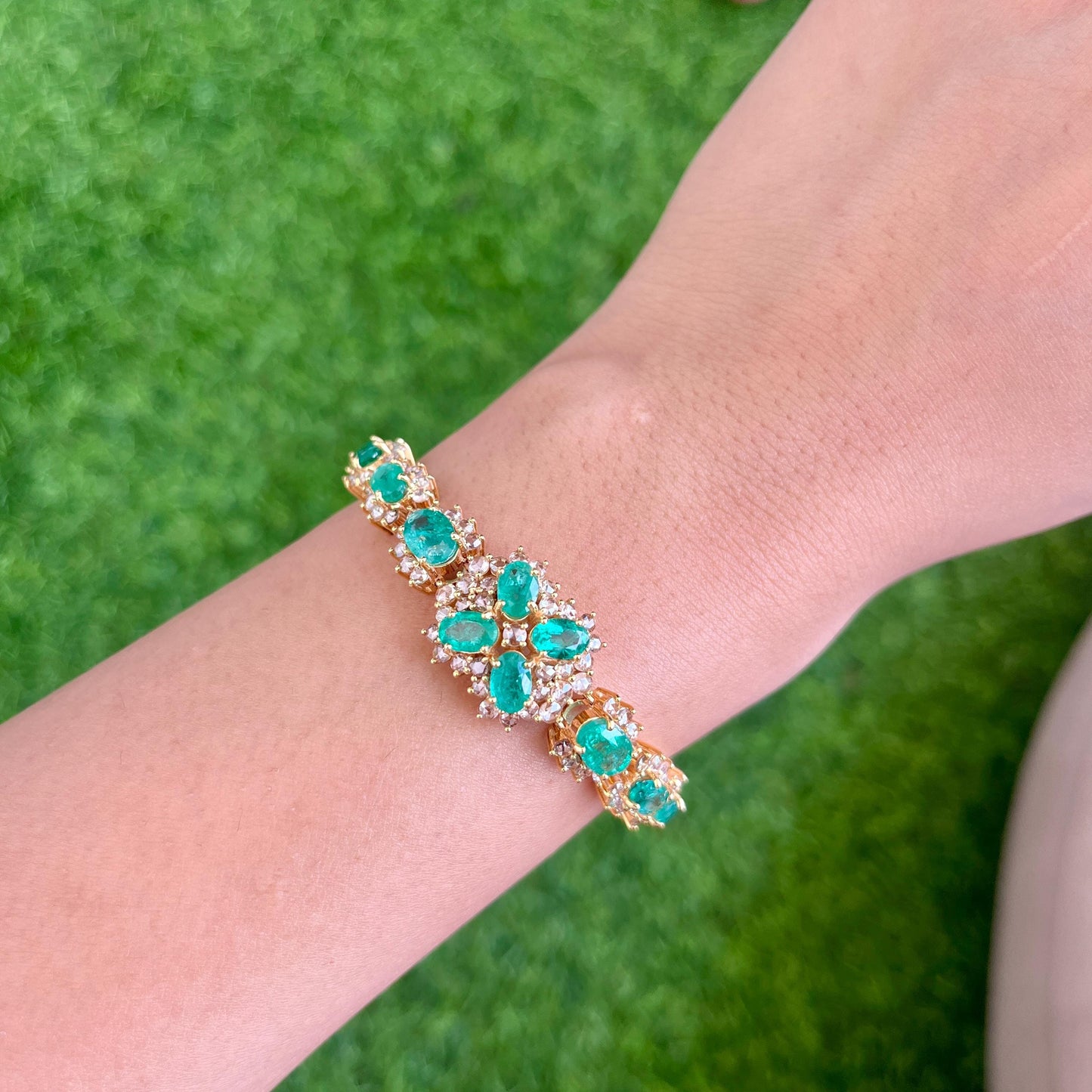 14k Gold Natural Zambian Emerald & Rose Cut Diamond Bracelet - 9.4 Carats Emerald, 4.35 Carats Diamond Art Deco Bracelet