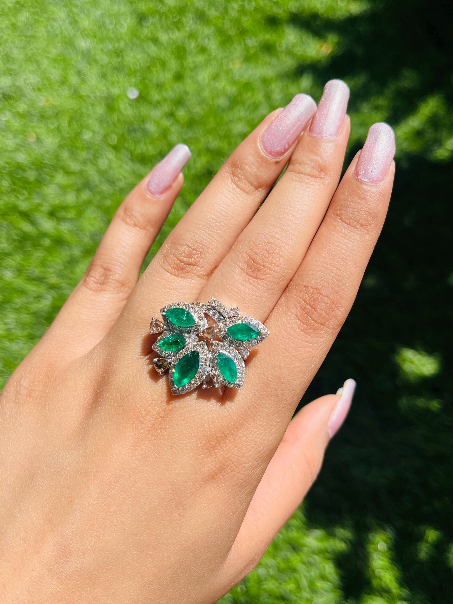 14k Gold Natural Zambian Emerald & Diamond Ring - 2.74 Carats Emerald, 1.93 Carats Diamond Art Nouveau Ring
