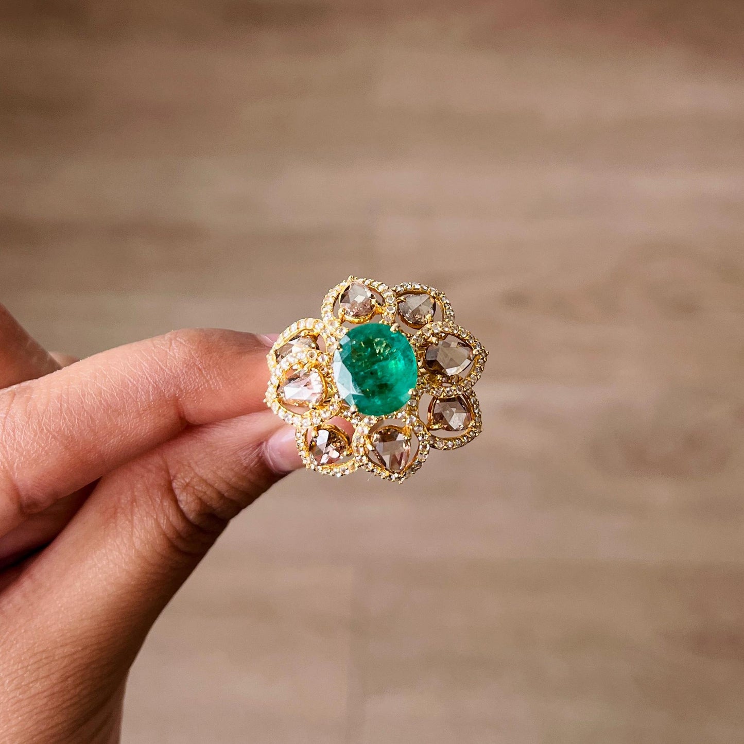 14k Gold Natural Zambian Emerald & Diamond Ring - 3.06 Carats Emerald, 3.07 Carats Diamond Victorian Ring