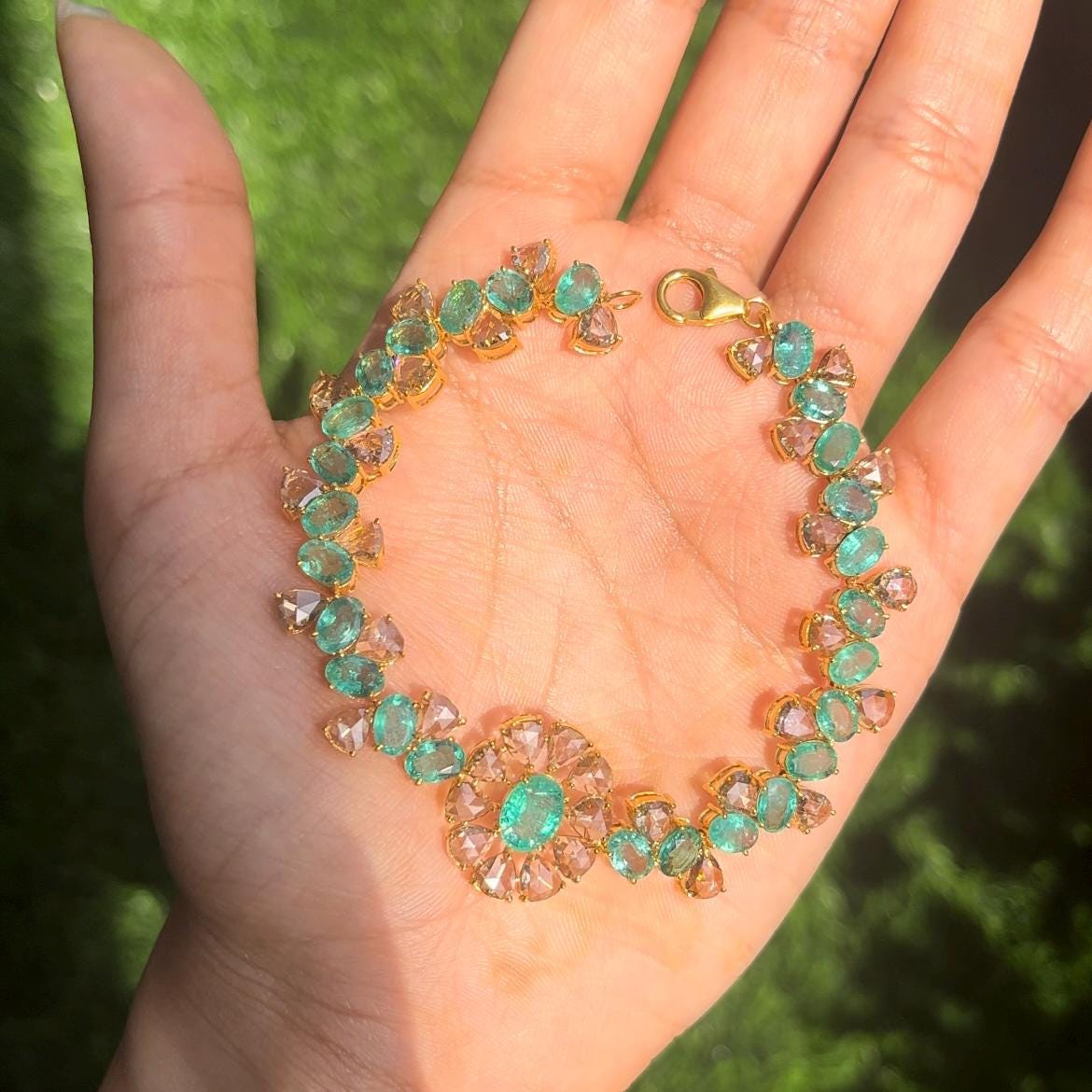 14k Gold Natural Zambian Emerald & Rose Cut Diamond Bracelet - 11.93 Carats Emerald, 6.75 Carats Diamond Victorian Bracelet