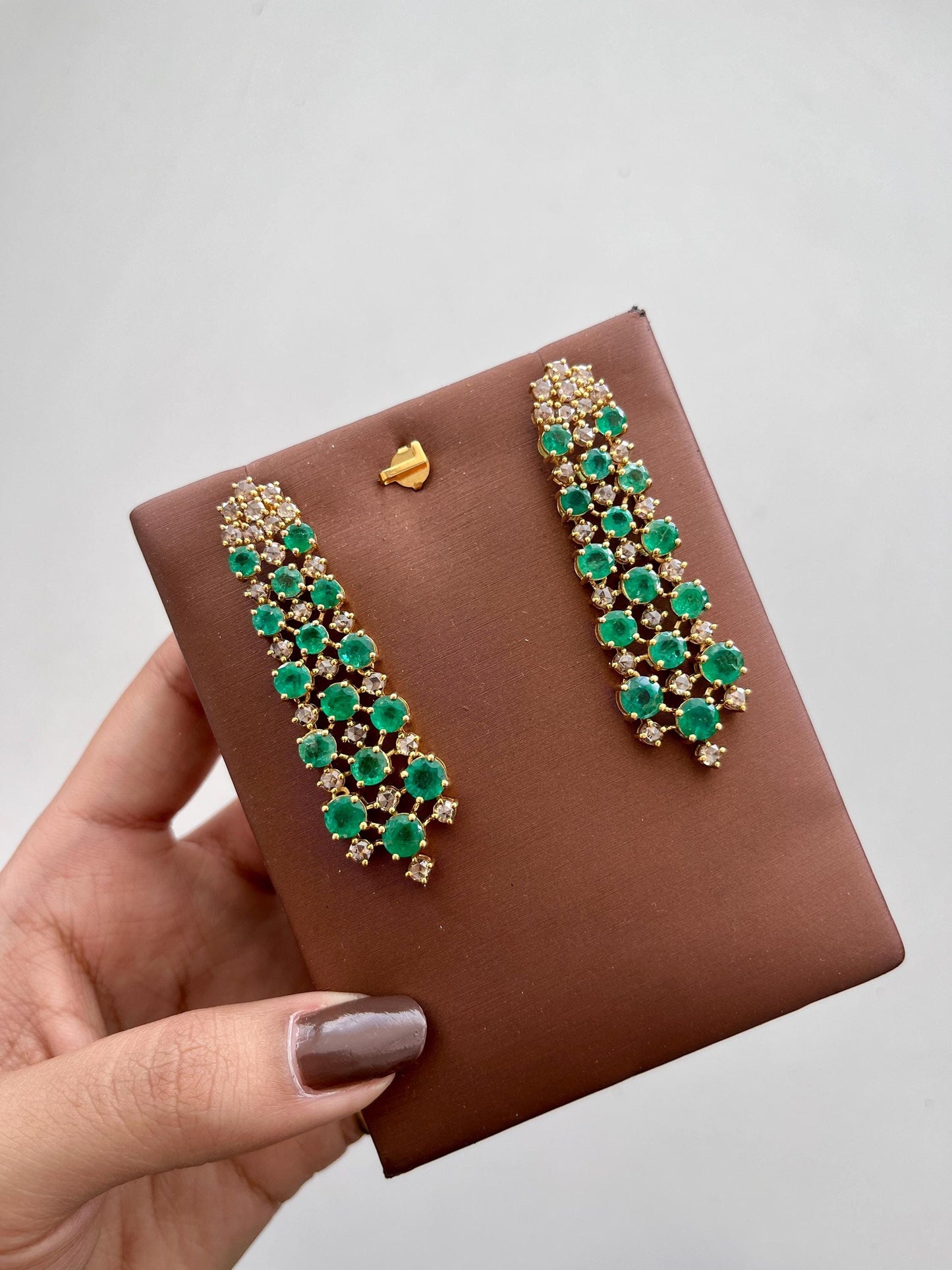 14k Gold Natural Zambian Emerald & Rose Cut Diamond Art Deco Earrings
