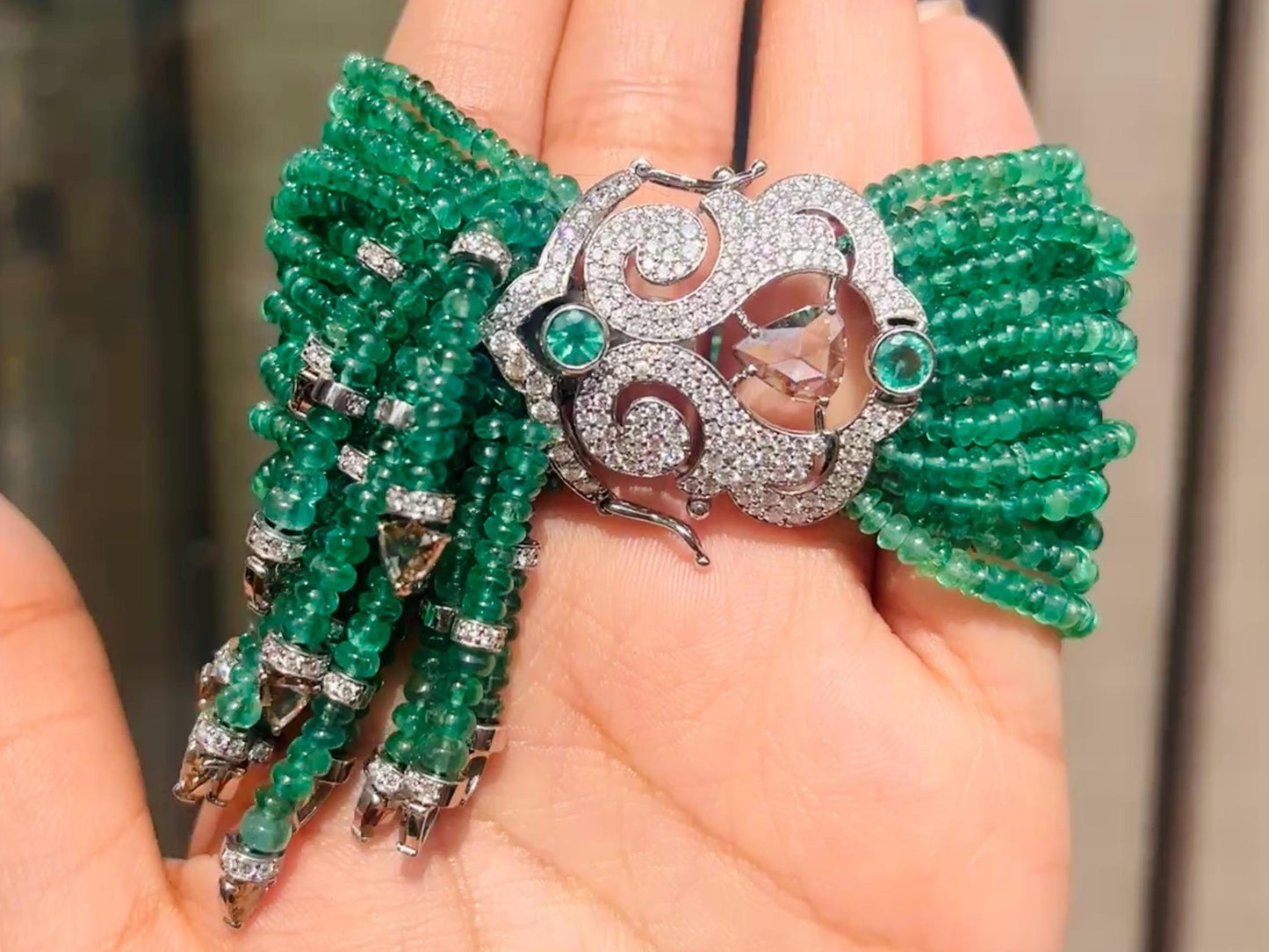 14k Gold Natural Zambian Emerald & Diamond Bracelet - 185.1 Carats Emerald, 5.97 Carats Diamond Victorian Beaded Bracelet