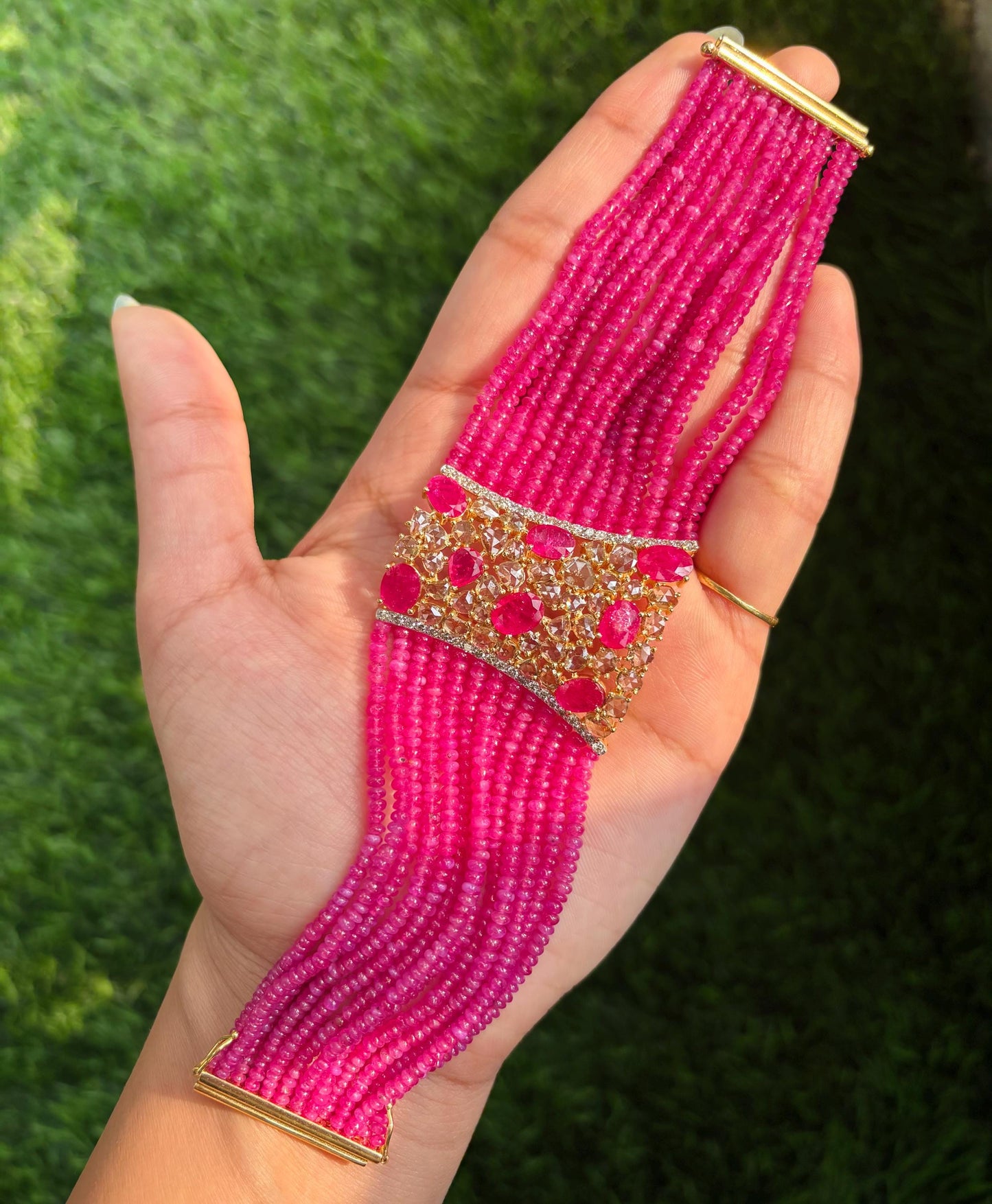14k Gold Natural Ruby & Diamond Bracelet - 141.04 Carats Ruby, 5.54 Carats Diamond Victorian Beaded Bracelet