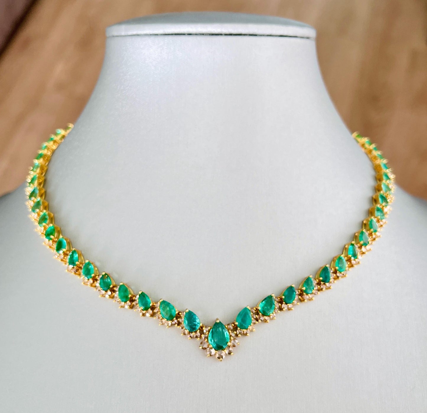 14k Gold Natural Zambian Emerald & Rose Cut Diamond Necklace - 15.74 Carats Emerald, 4.18 Carats Diamond Victorian Necklace